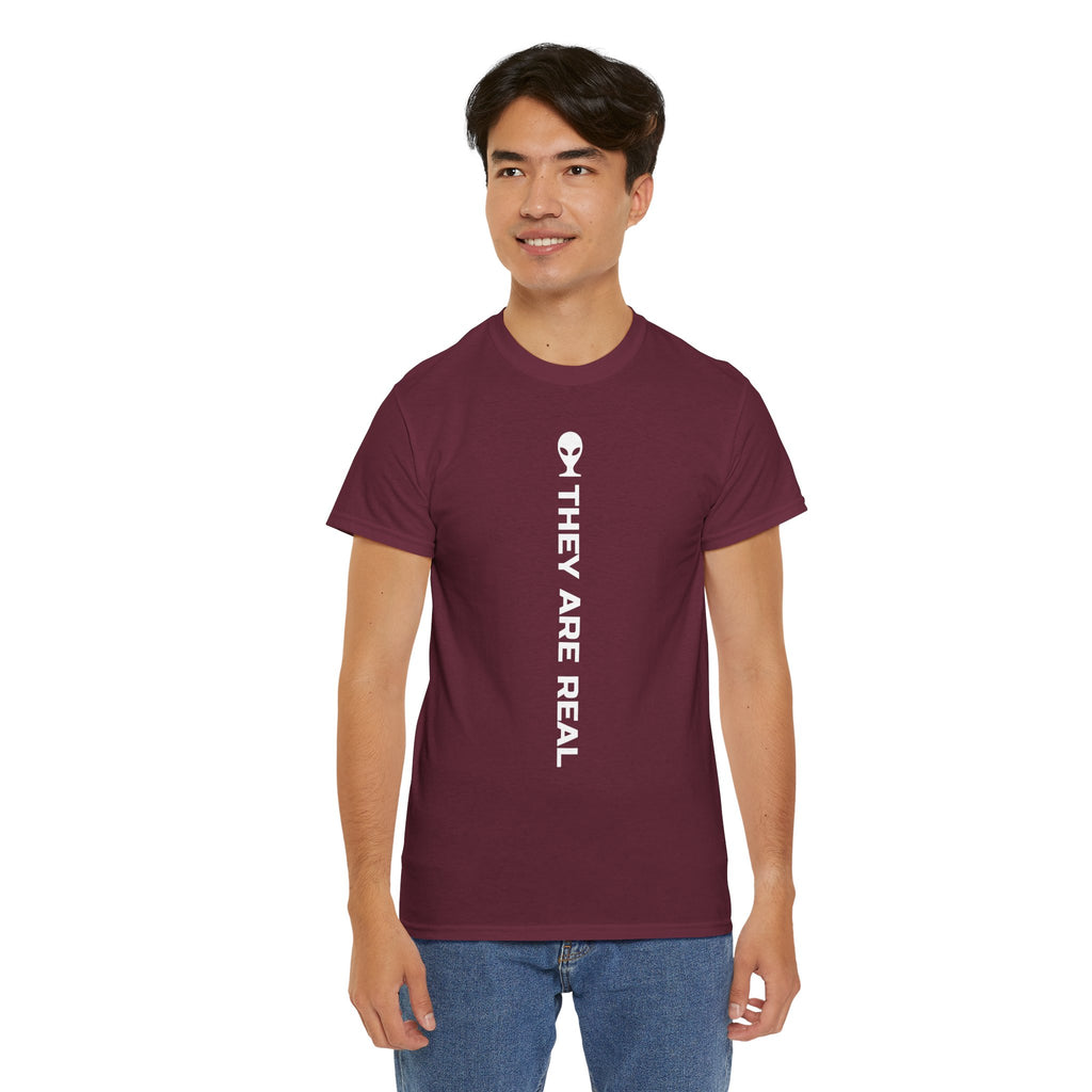 Alien Tee — Minimal "They Are Real" Vertical Graphic T-Shirt dark