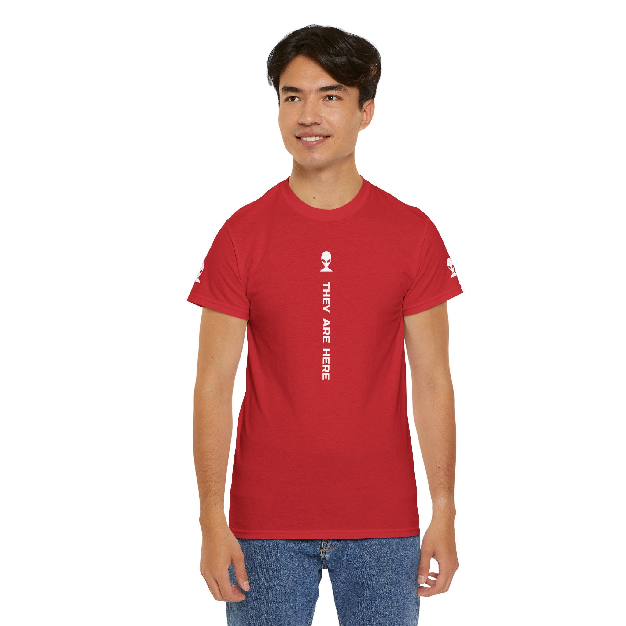 Alien Tee — Minimal "They Are Here" Vertical Graphic T-Shirt dark