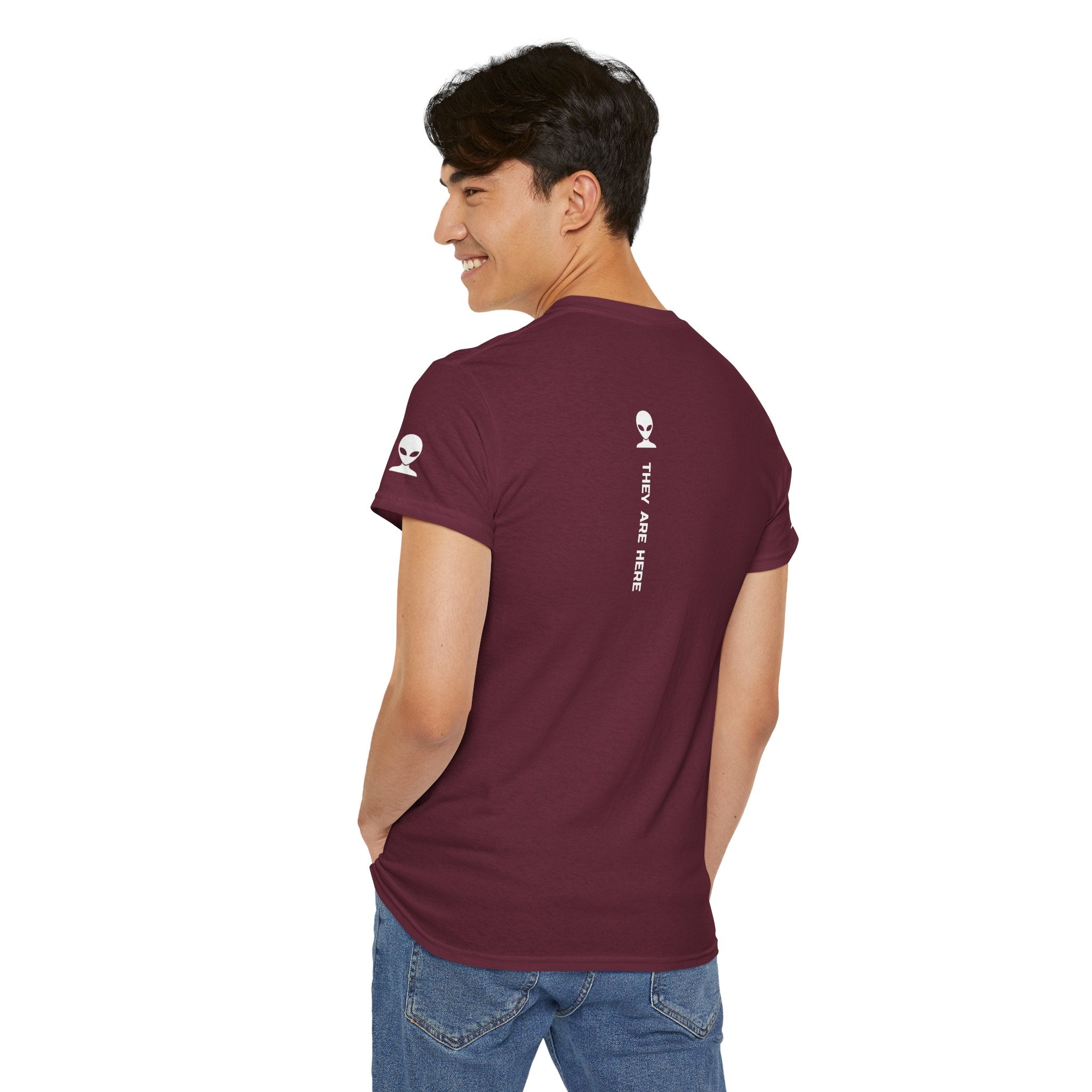 Alien Tee — Minimal "They Are Here" Vertical Graphic T-Shirt dark
