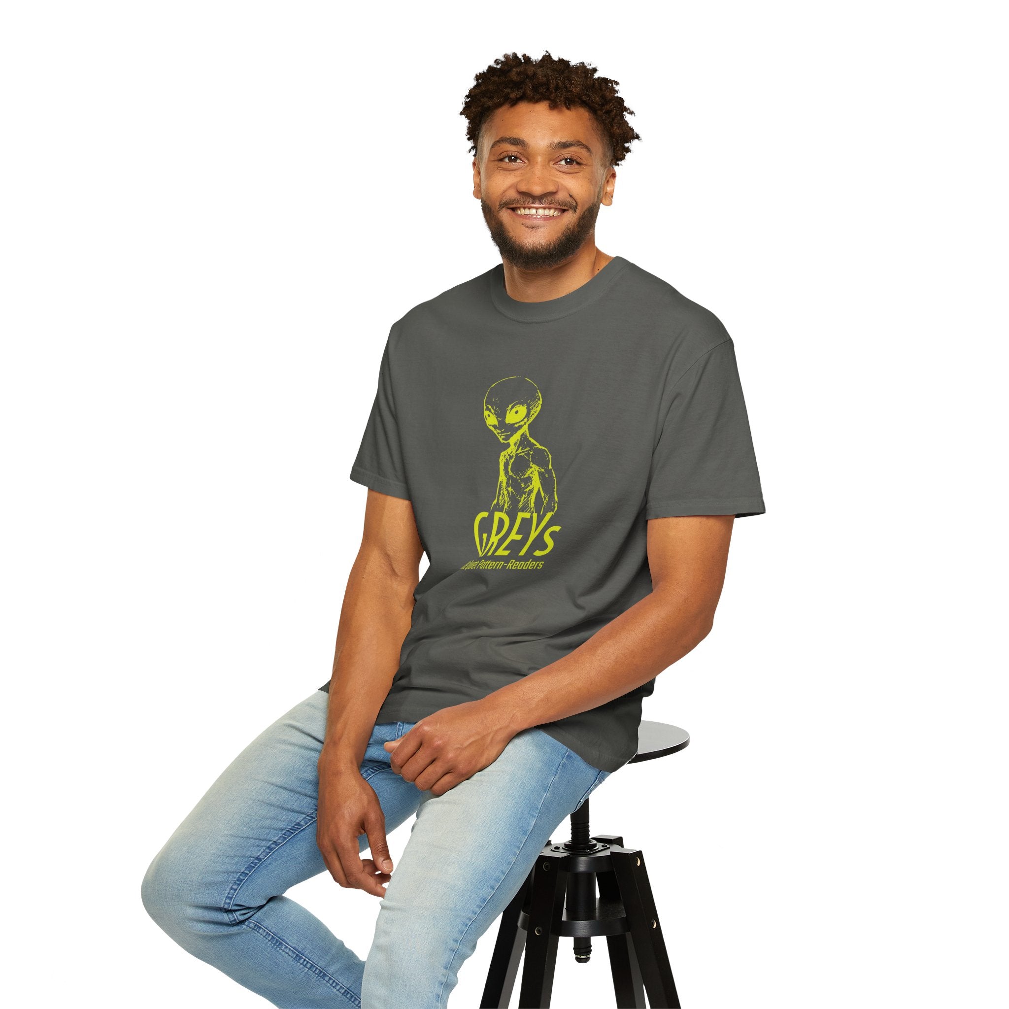 Alien Greys Graphic T-Shirt — "The Quiet Pattern Readers" Illustrated dark Tee