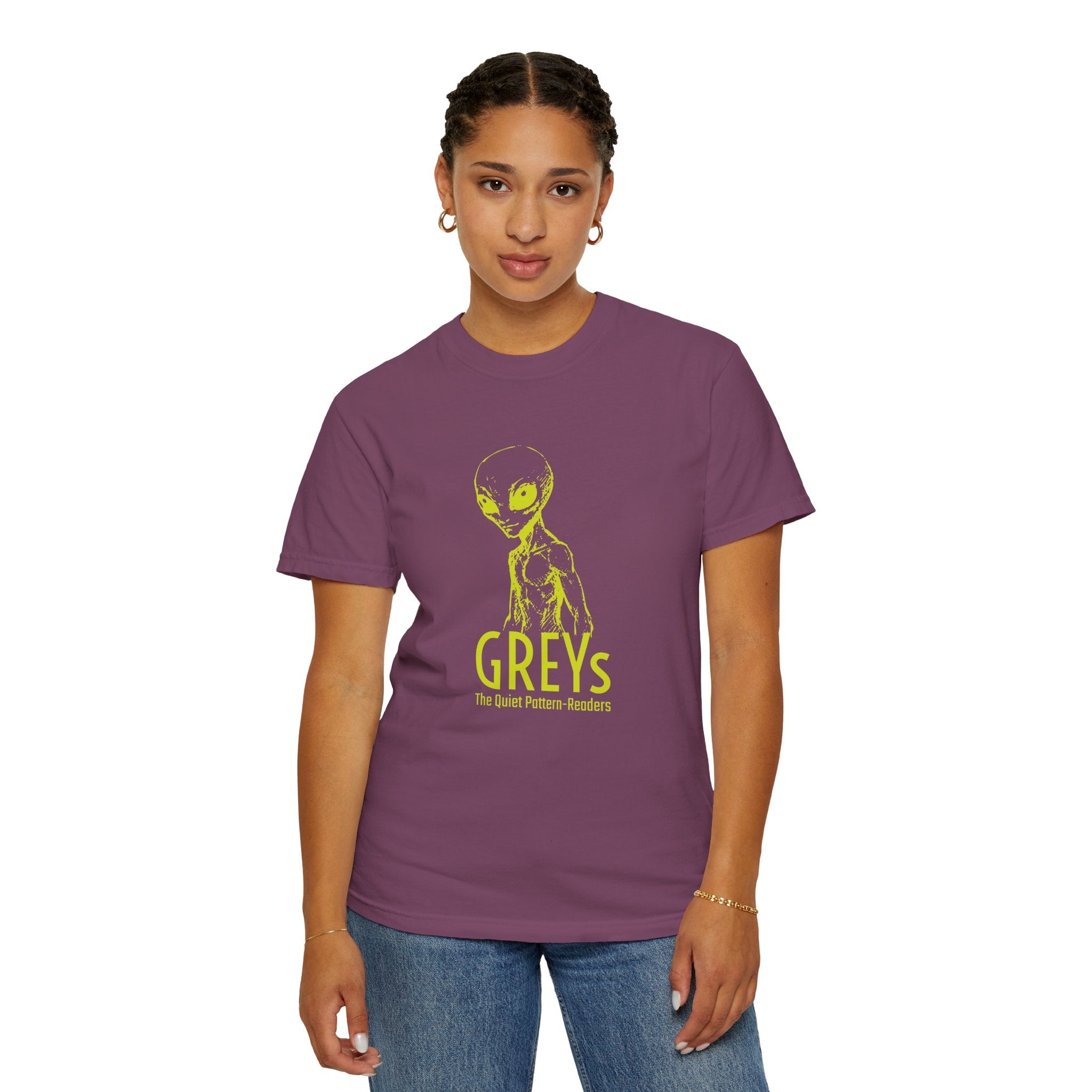 Alien Greys Graphic T-Shirt — "The Quiet Pattern Readers" Illustrated dark Tee