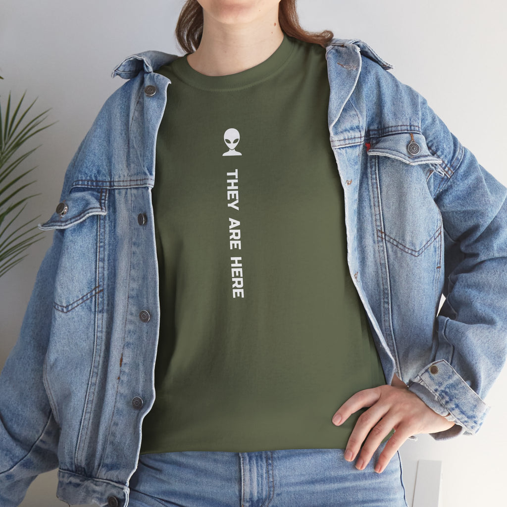 Alien Tee — Minimal "They Are Here" Vertical Graphic T-Shirt dark