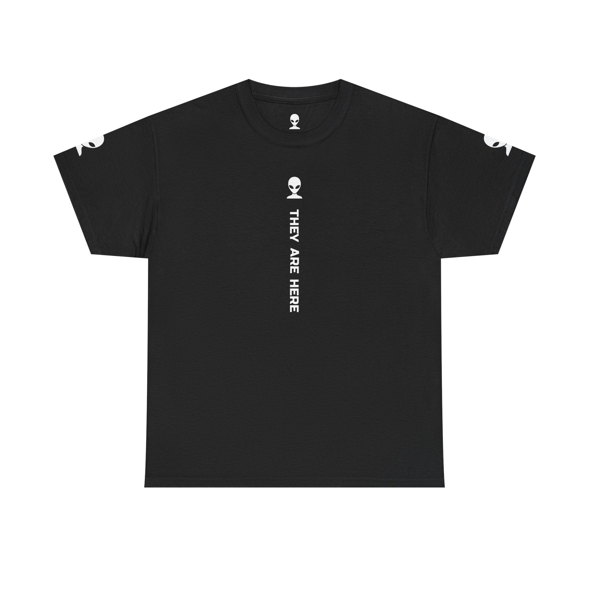 Alien Tee — Minimal "They Are Here" Vertical Graphic T-Shirt dark