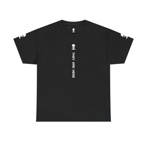 Alien Tee — Minimal "They Are Here" Vertical Graphic T-Shirt dark