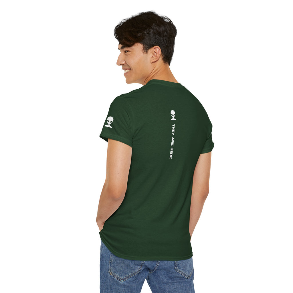 Alien Tee — Minimal "They Are Here" Vertical Graphic T-Shirt dark