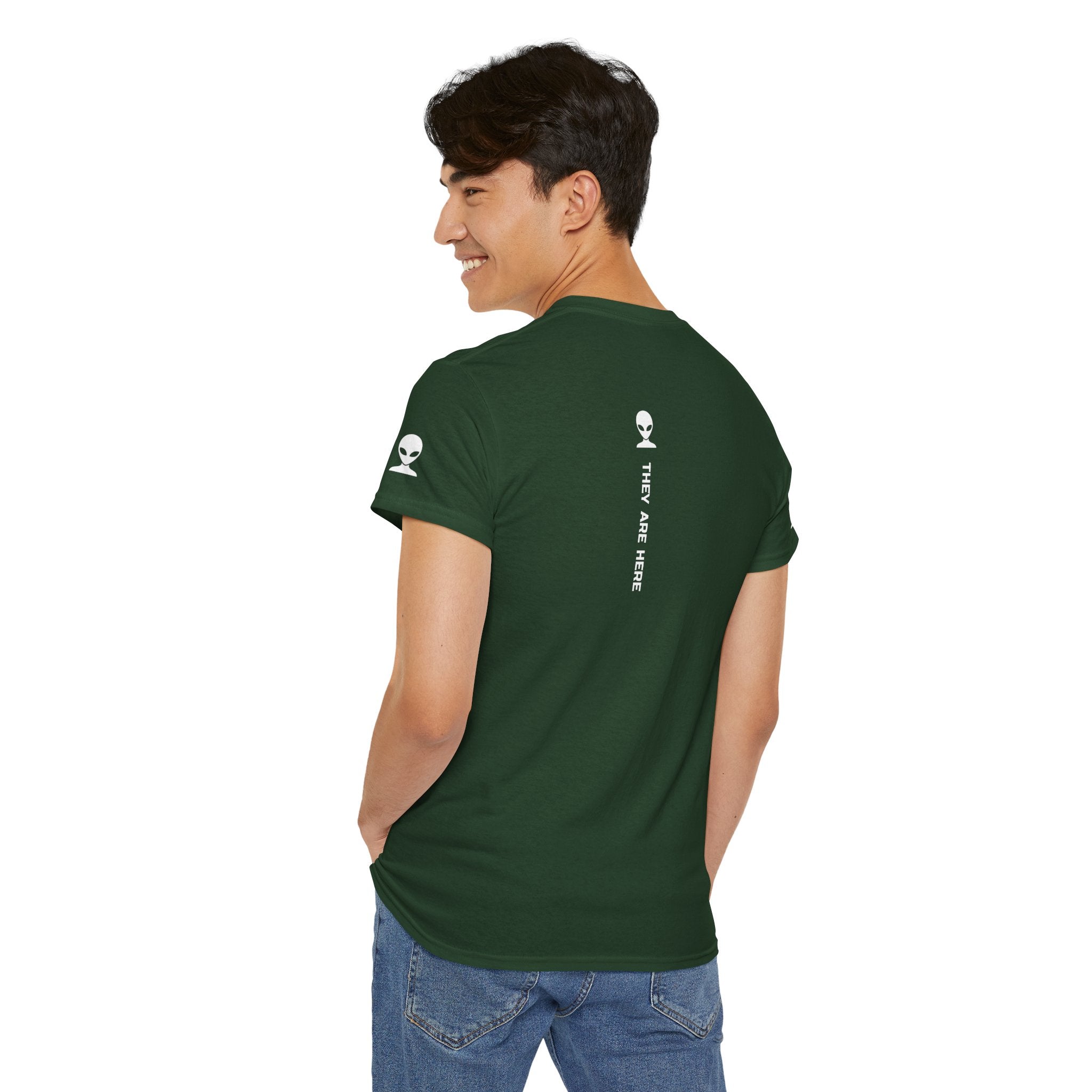 Alien Tee — Minimal "They Are Here" Vertical Graphic T-Shirt dark