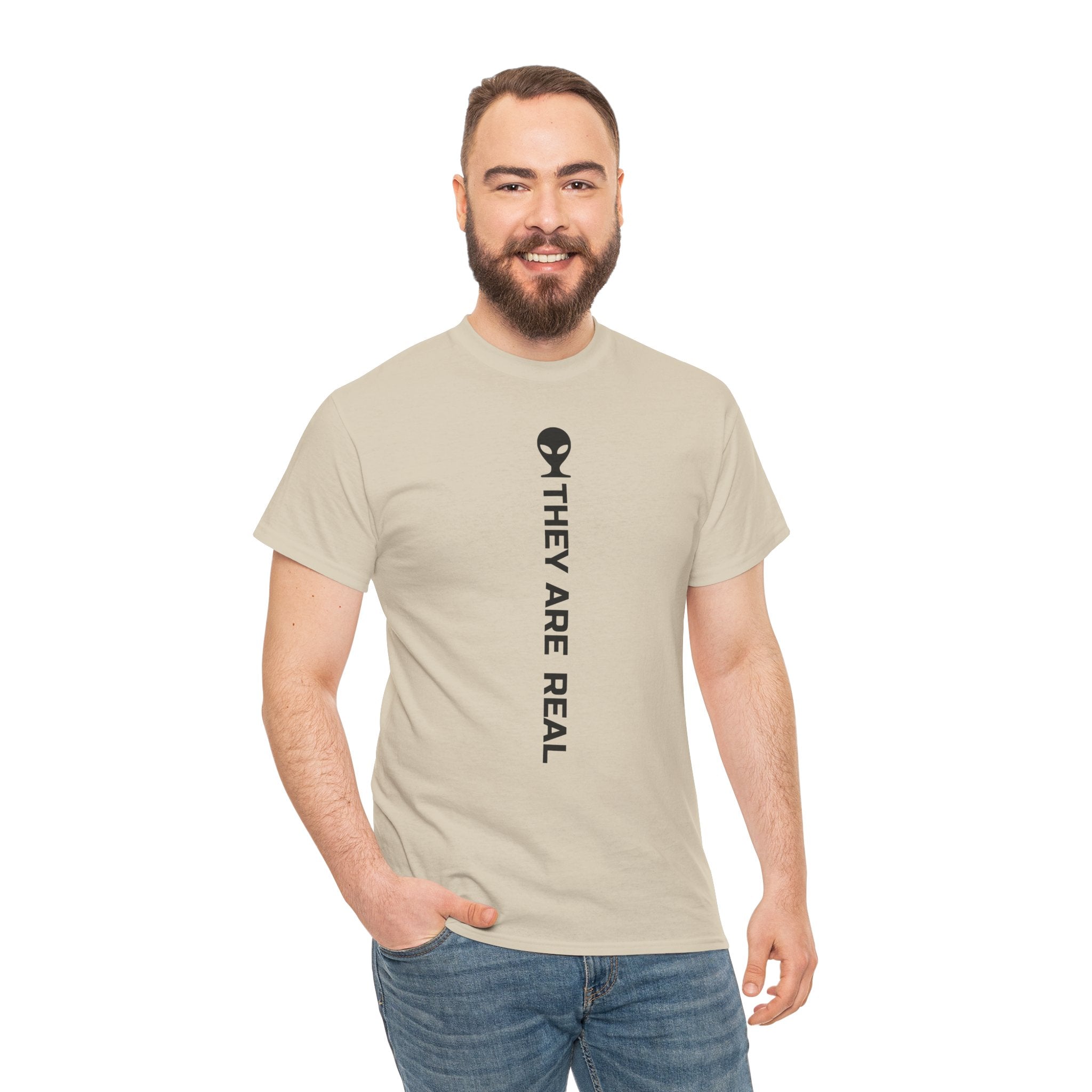 Alien Tee — Minimal "They Are Real" Vertical Graphic T-Shirt