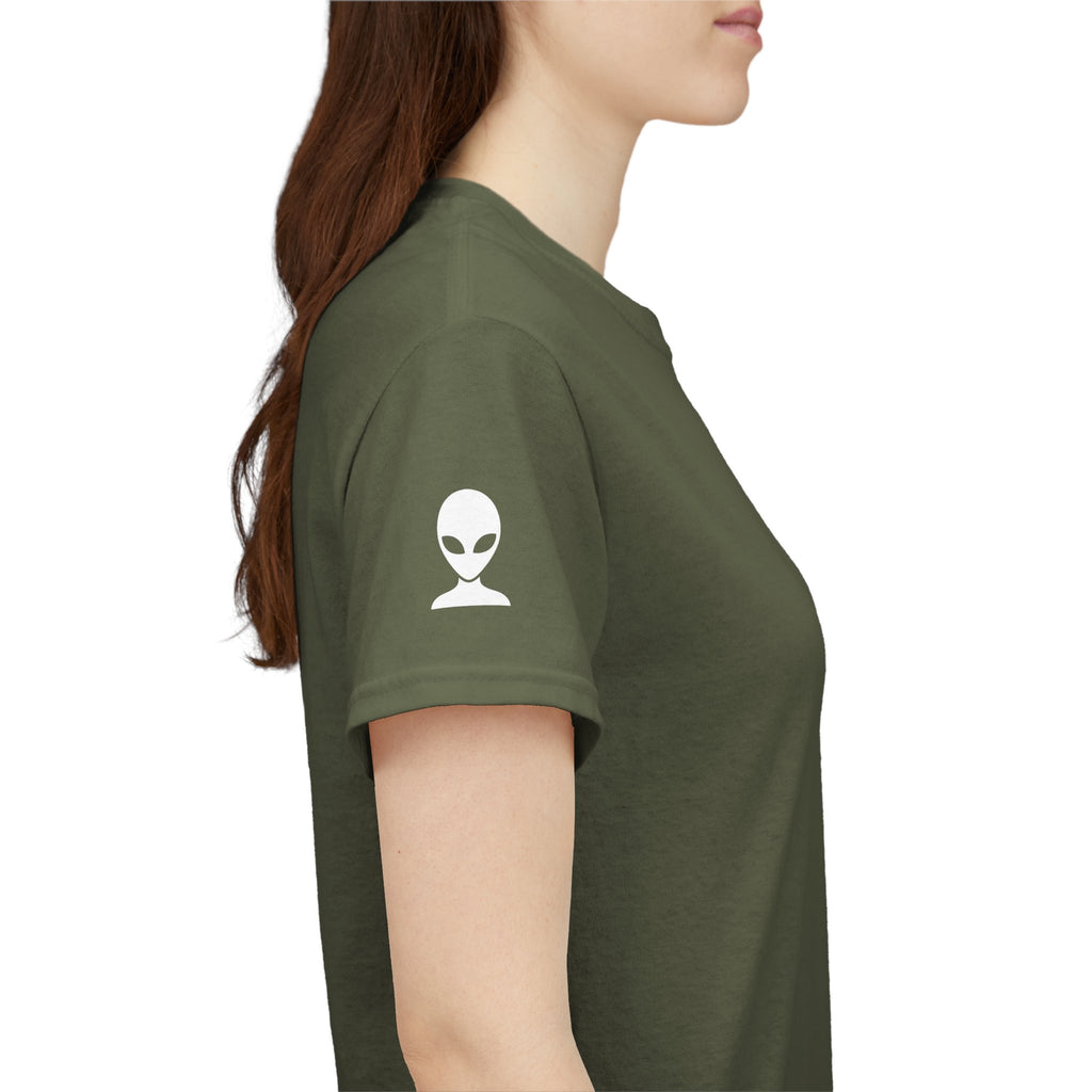 Alien Tee — Minimal "They Are Here" Vertical Graphic T-Shirt dark