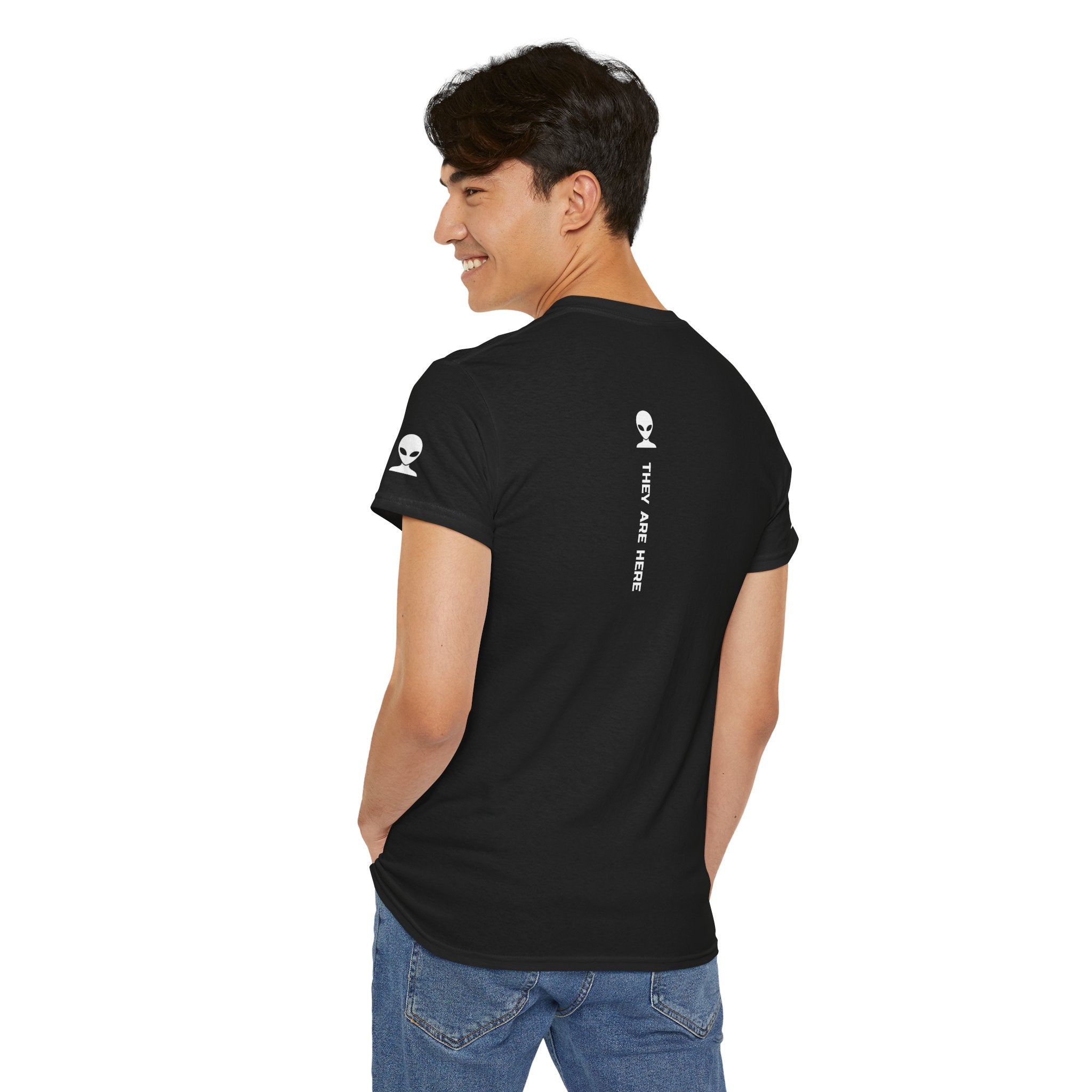 Alien Tee — Minimal "They Are Here" Vertical Graphic T-Shirt dark