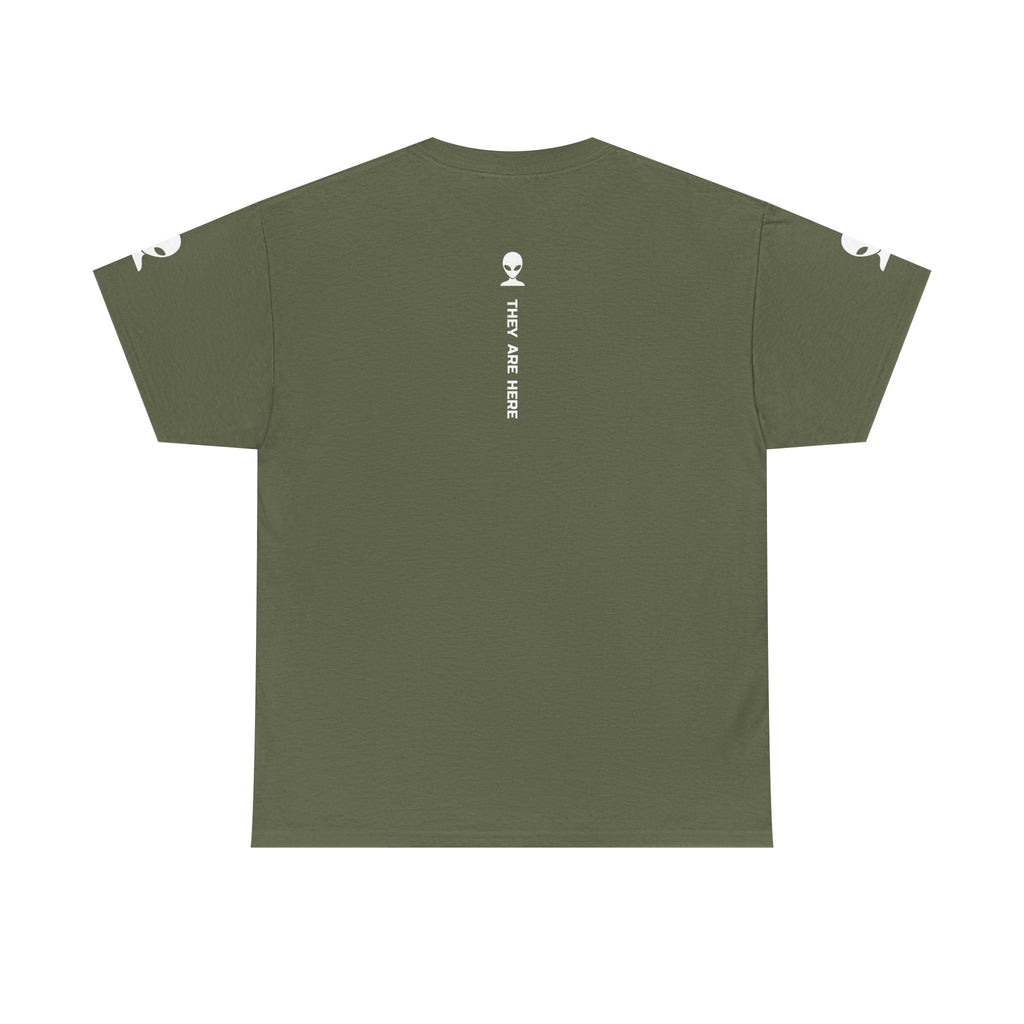 Alien Tee — Minimal "They Are Here" Vertical Graphic T-Shirt dark