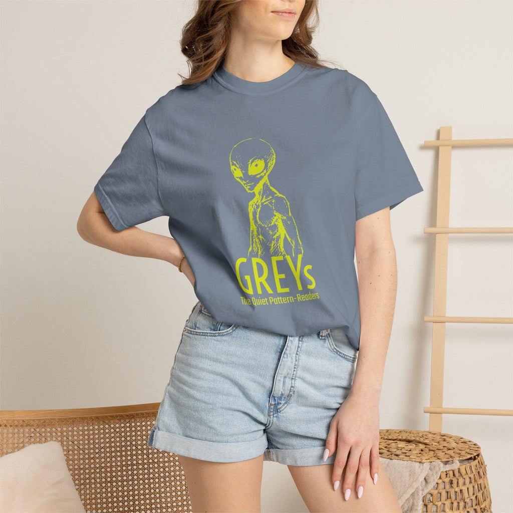 Alien Greys Graphic T-Shirt — "The Quiet Pattern Readers" Illustrated dark Tee