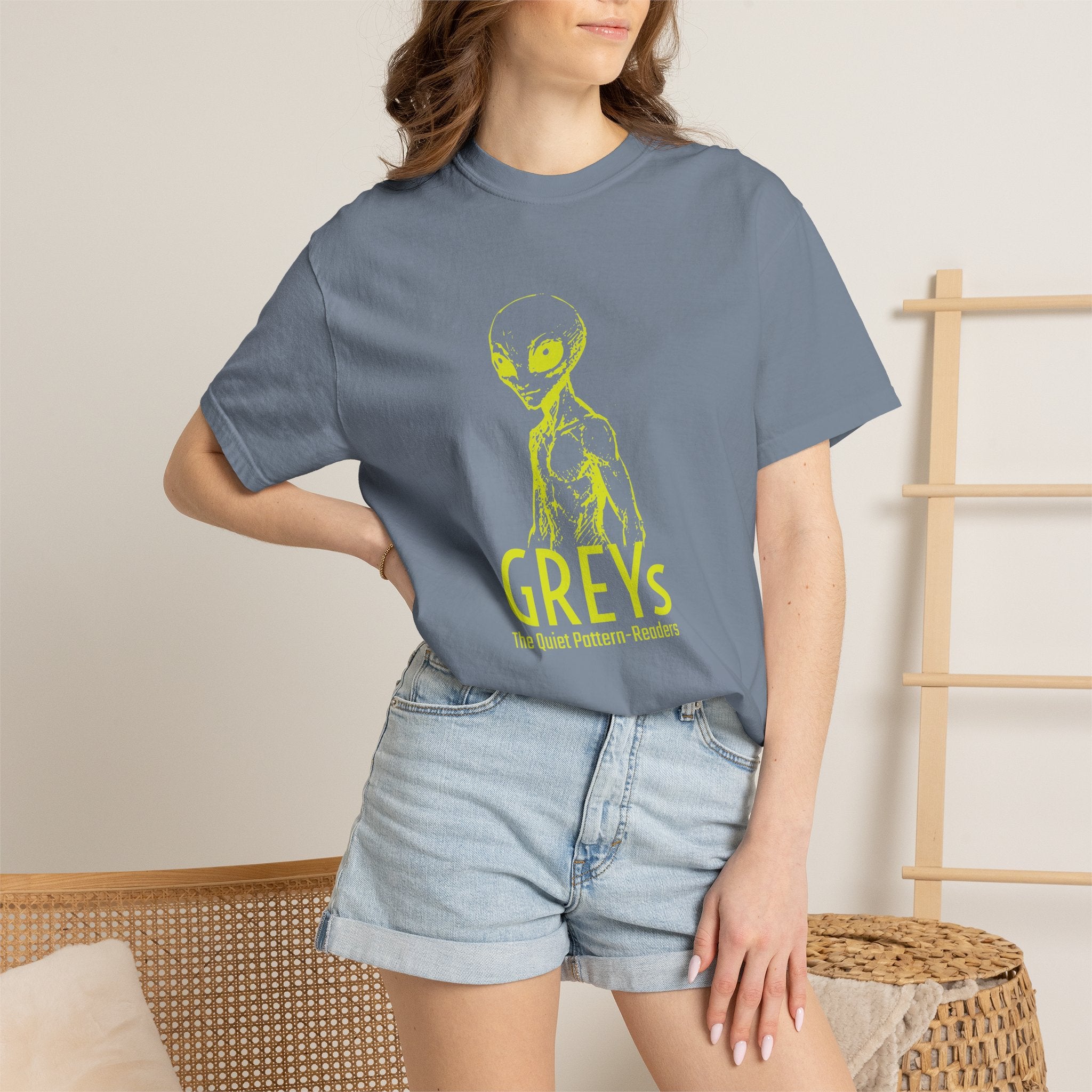 Alien Greys Graphic T-Shirt — "The Quiet Pattern Readers" Illustrated dark Tee