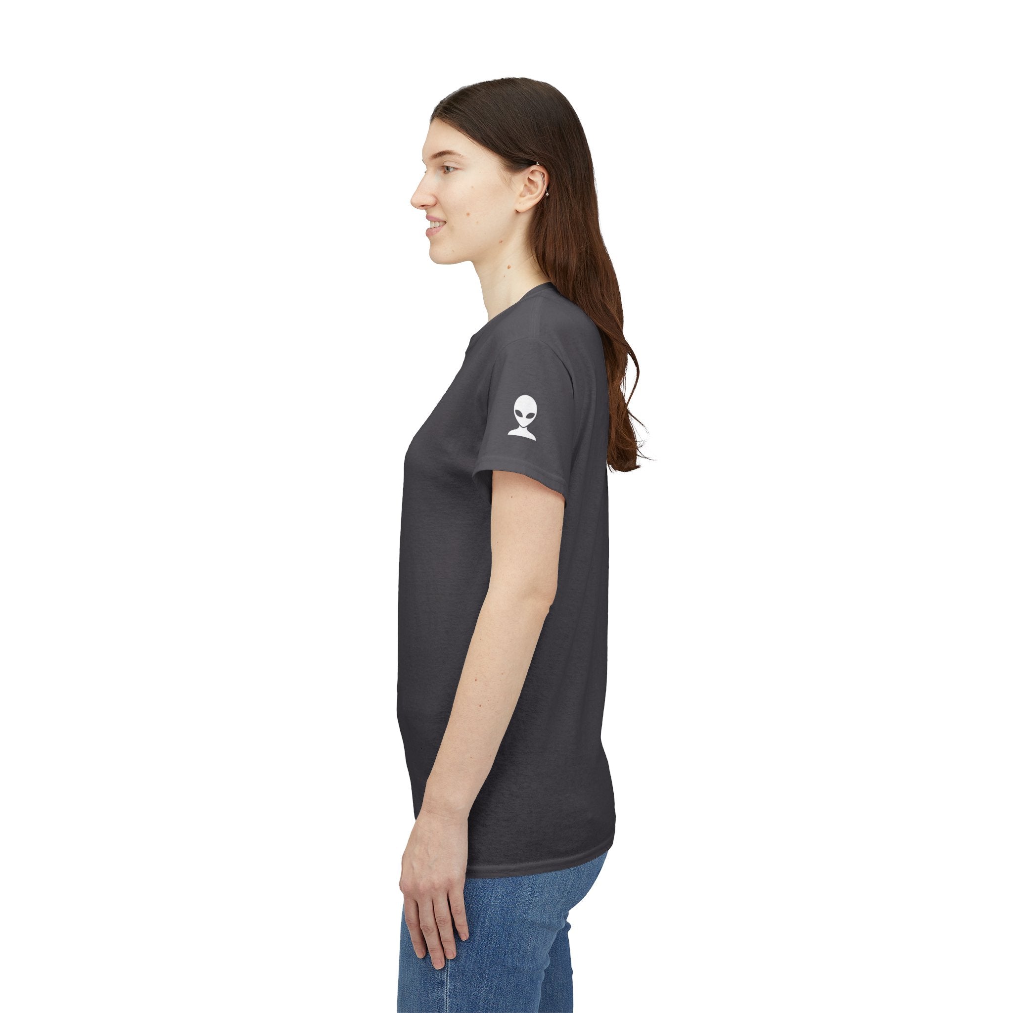 Alien Tee — Minimal "They Are Here" Vertical Graphic T-Shirt dark