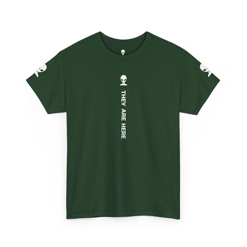 Alien Tee — Minimal "They Are Here" Vertical Graphic T-Shirt dark