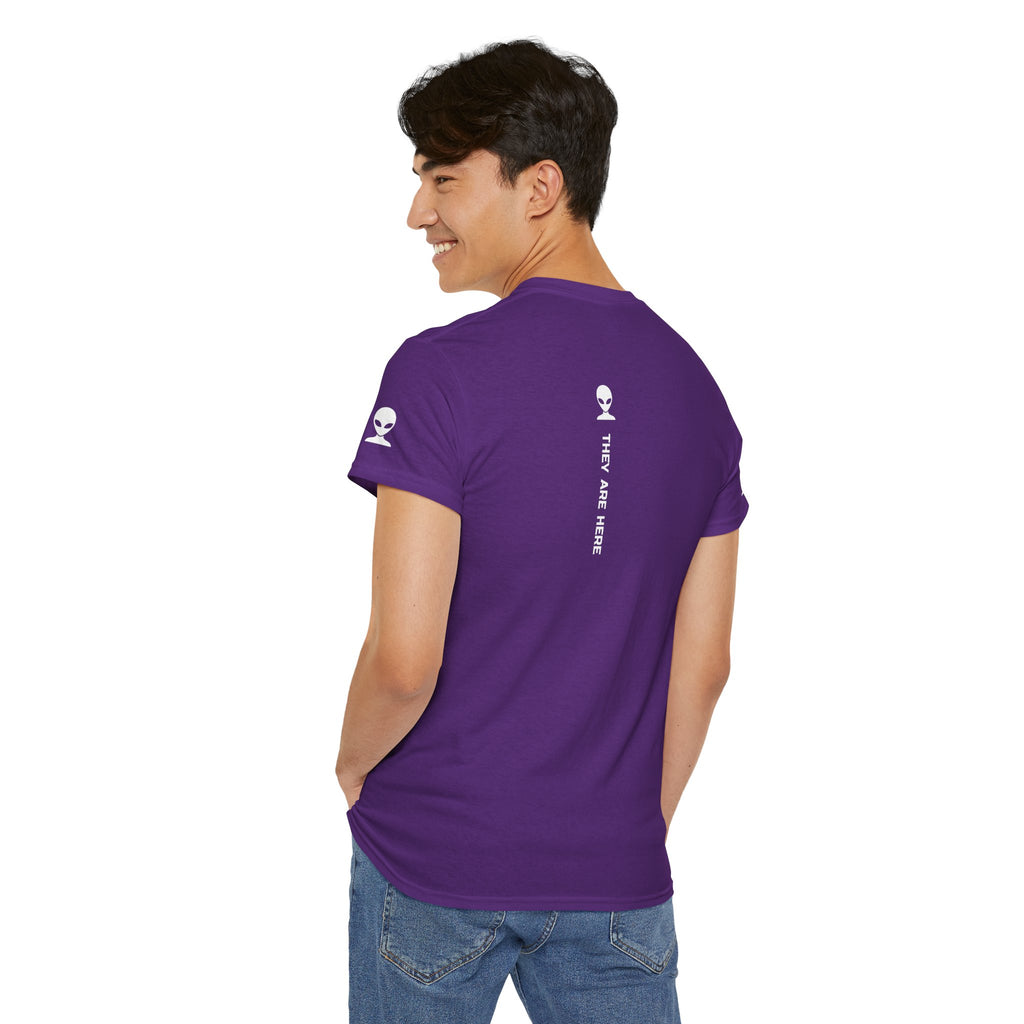Alien Tee — Minimal "They Are Here" Vertical Graphic T-Shirt dark