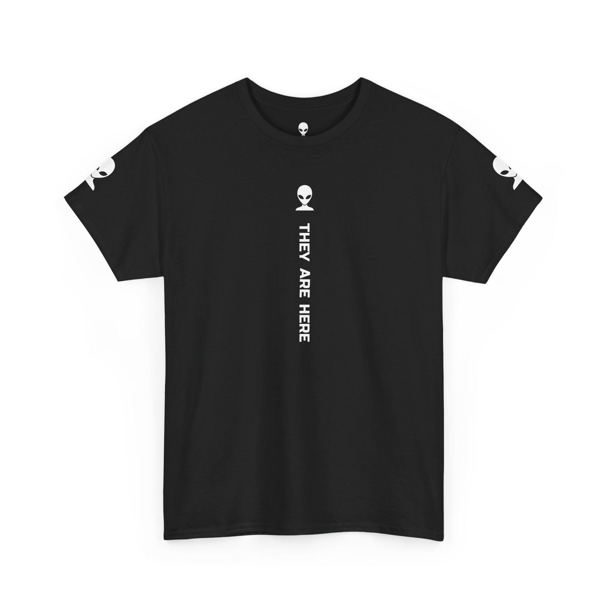 Alien Tee — Minimal "They Are Here" Vertical Graphic T-Shirt dark