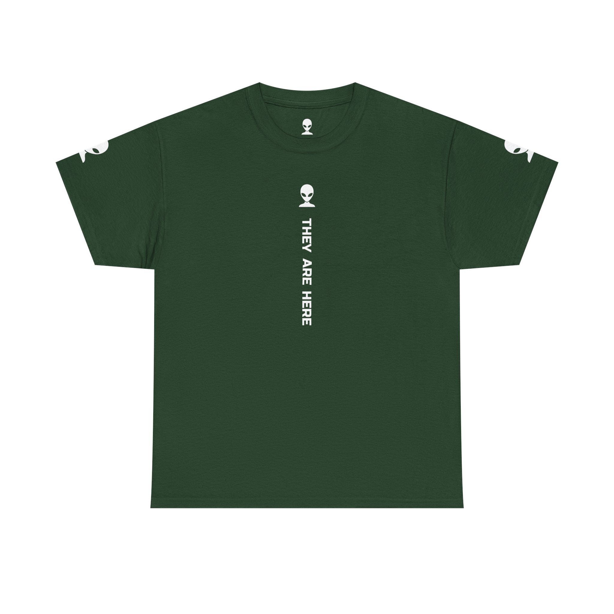 Alien Tee — Minimal "They Are Here" Vertical Graphic T-Shirt dark