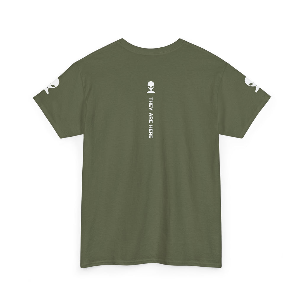 Alien Tee — Minimal "They Are Here" Vertical Graphic T-Shirt dark