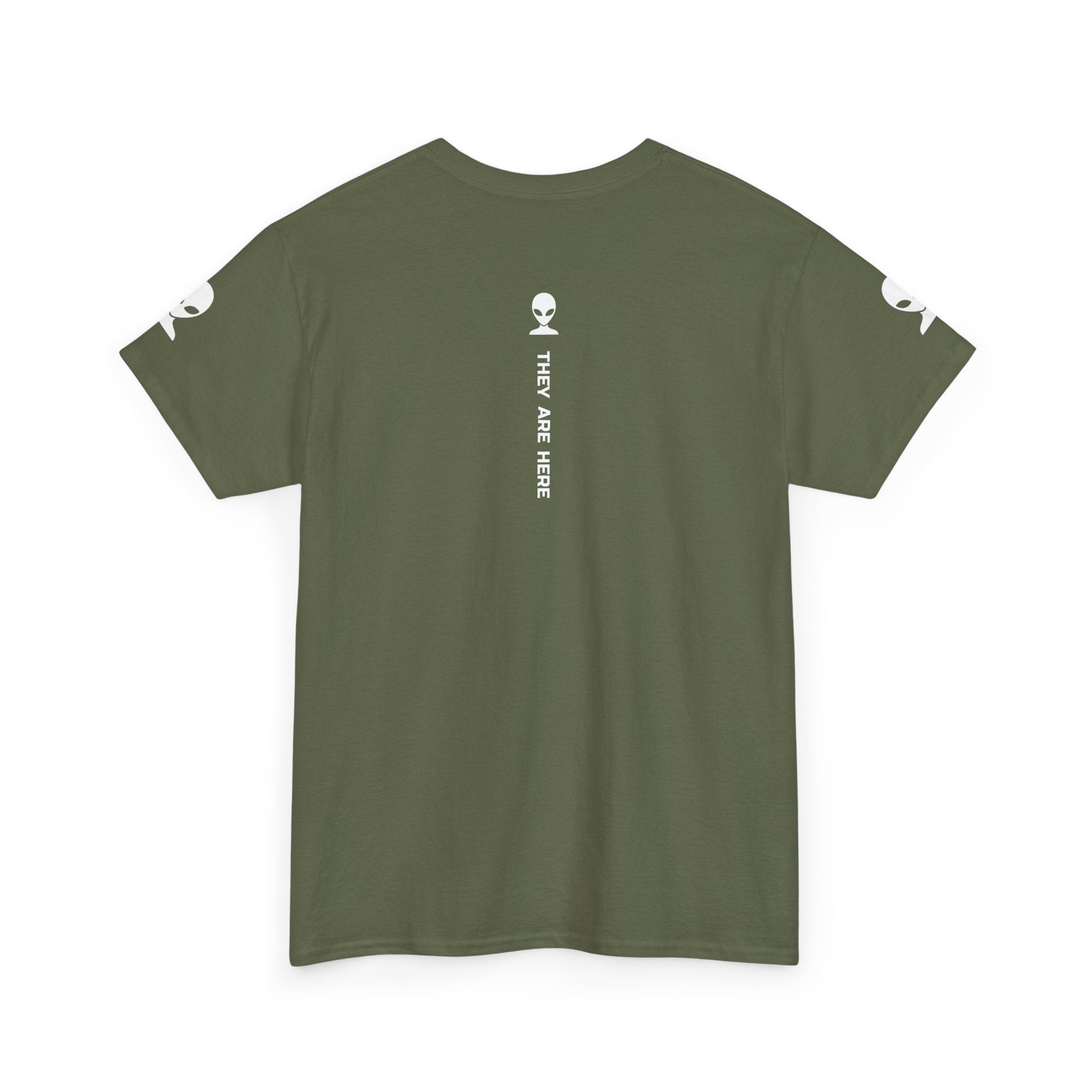 Alien Tee — Minimal "They Are Here" Vertical Graphic T-Shirt dark