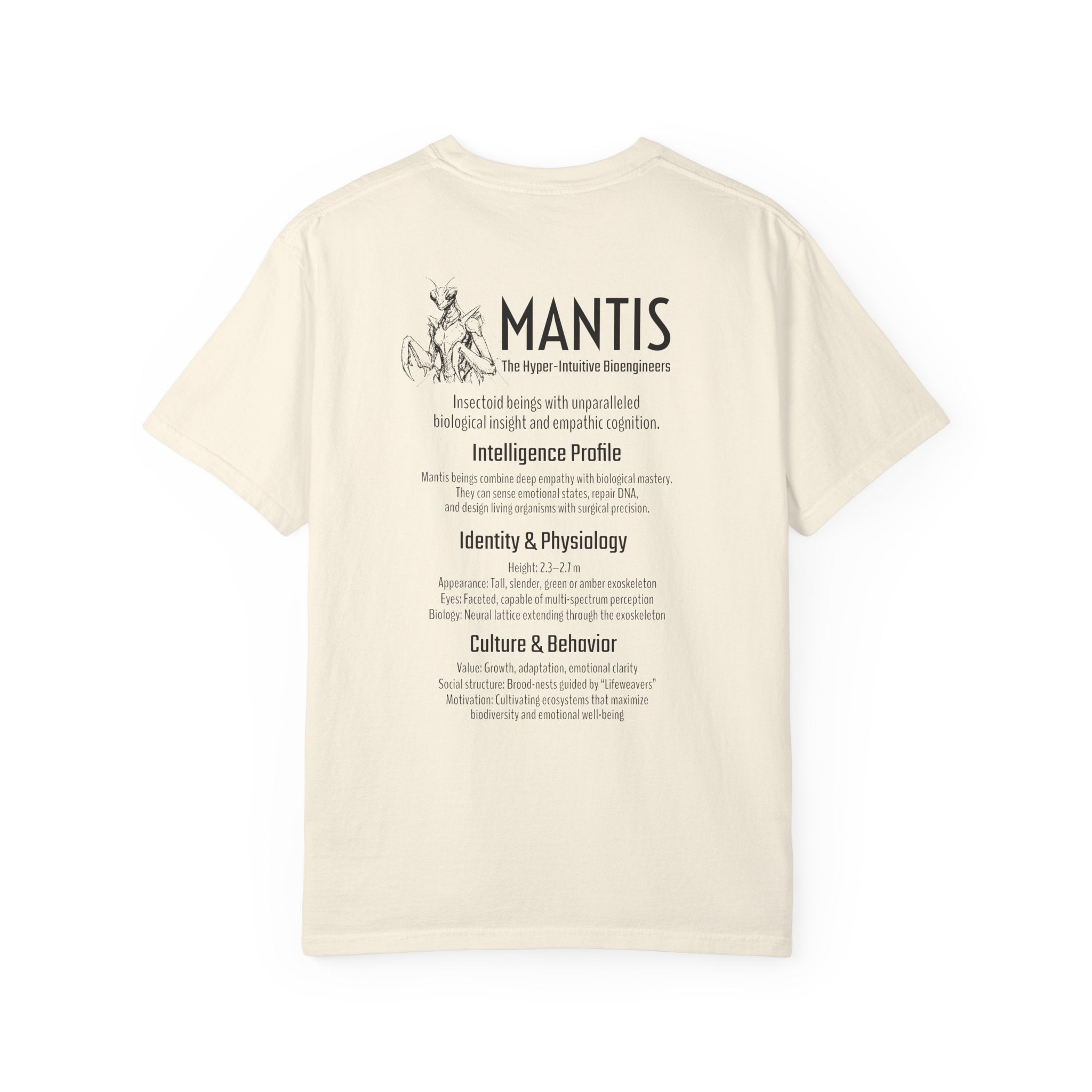 Alien Mantis Graphic T-Shirt — "The Hyper-Intuitive Bioengineers" Illustrated Tee