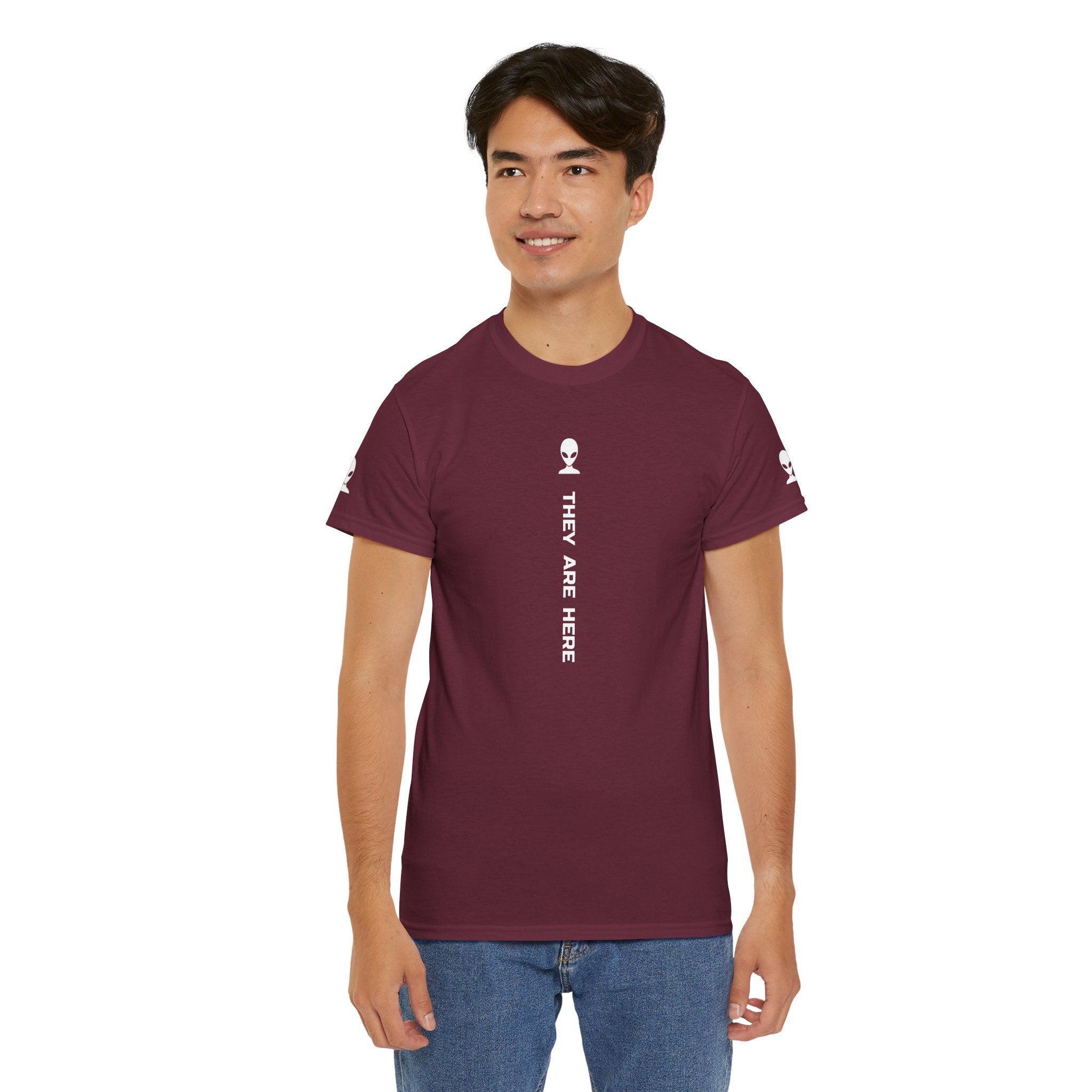 Alien Tee — Minimal "They Are Here" Vertical Graphic T-Shirt dark
