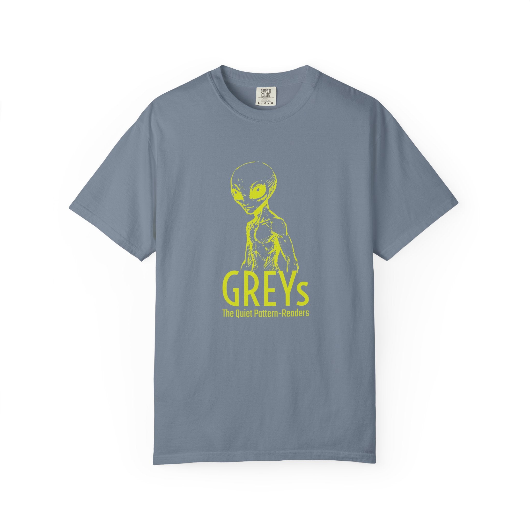 Alien Greys Graphic T-Shirt — "The Quiet Pattern Readers" Illustrated dark Tee
