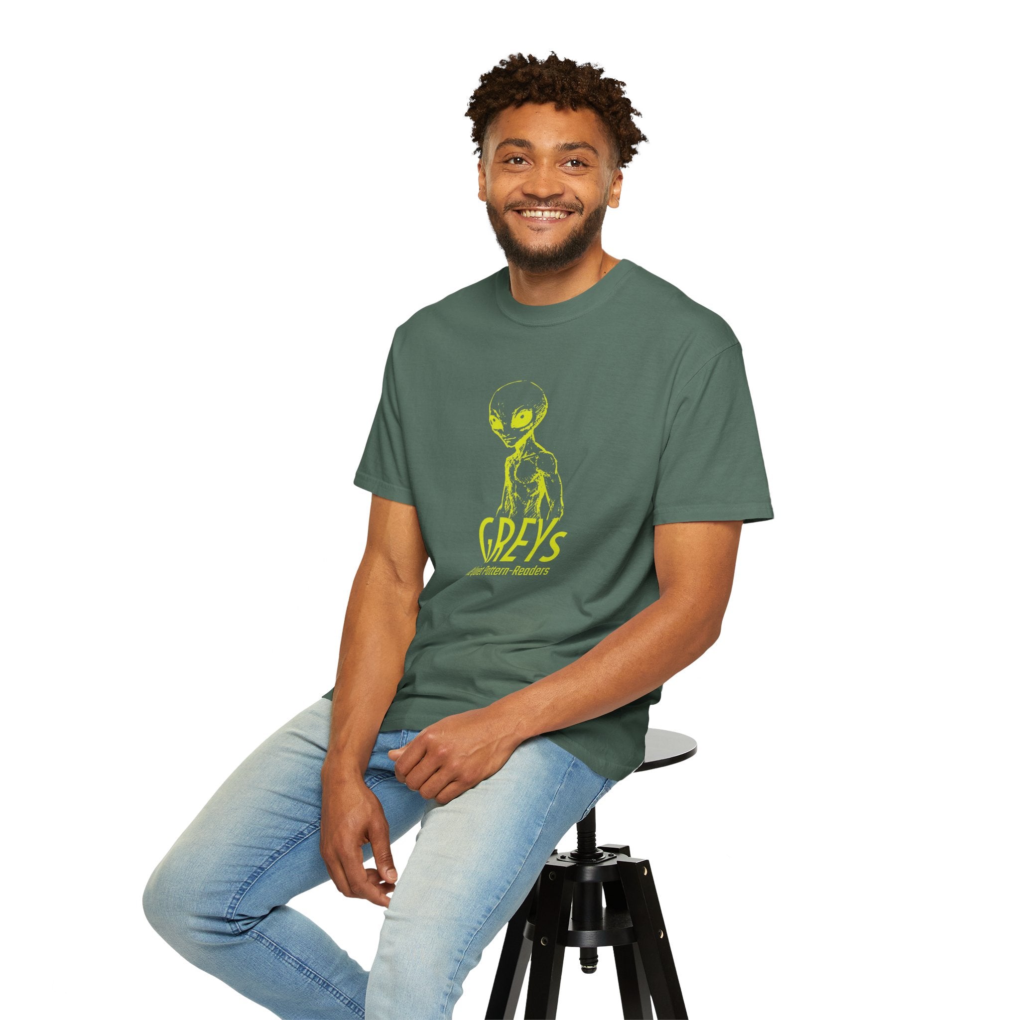Alien Greys Graphic T-Shirt — "The Quiet Pattern Readers" Illustrated dark Tee