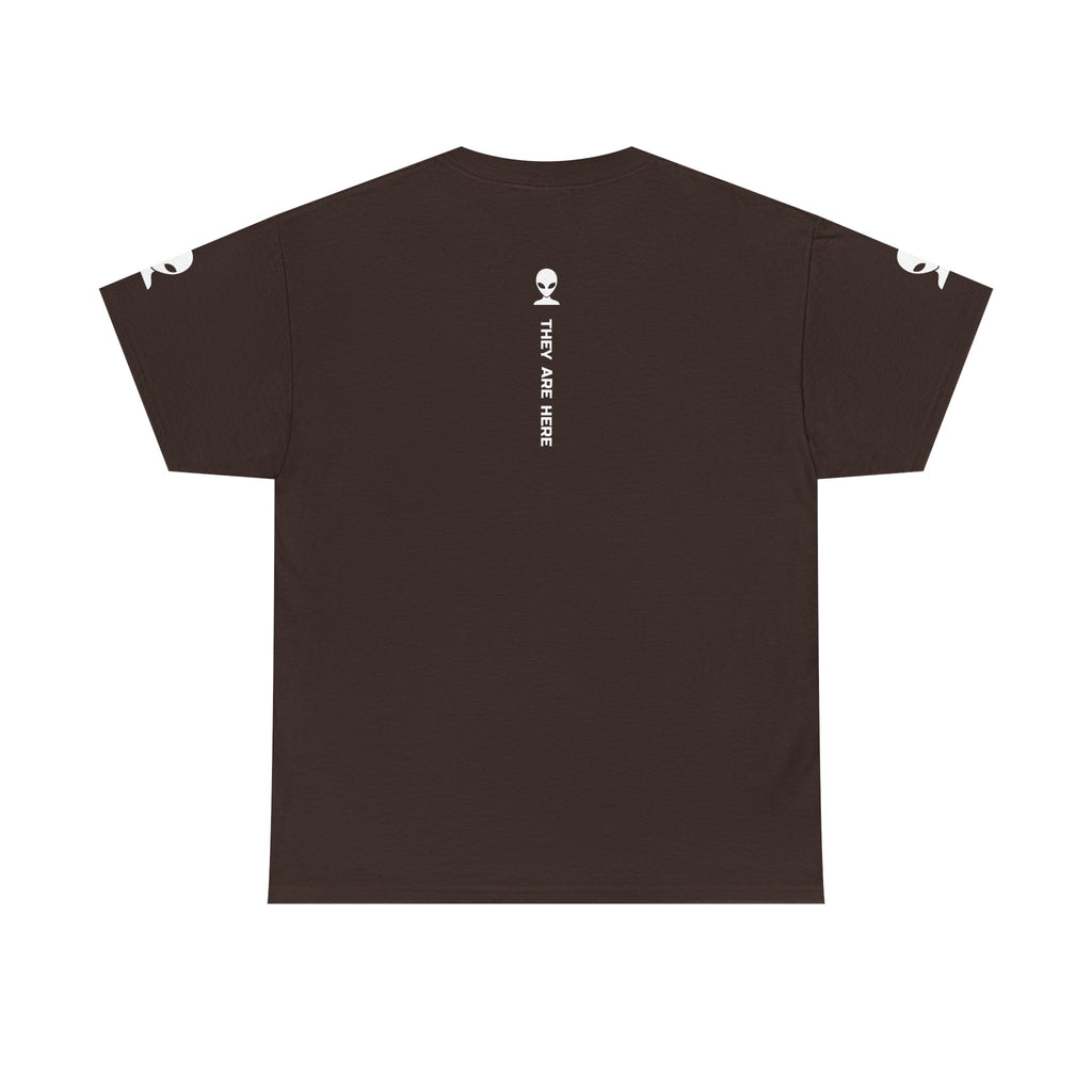 Alien Tee — Minimal "They Are Here" Vertical Graphic T-Shirt dark