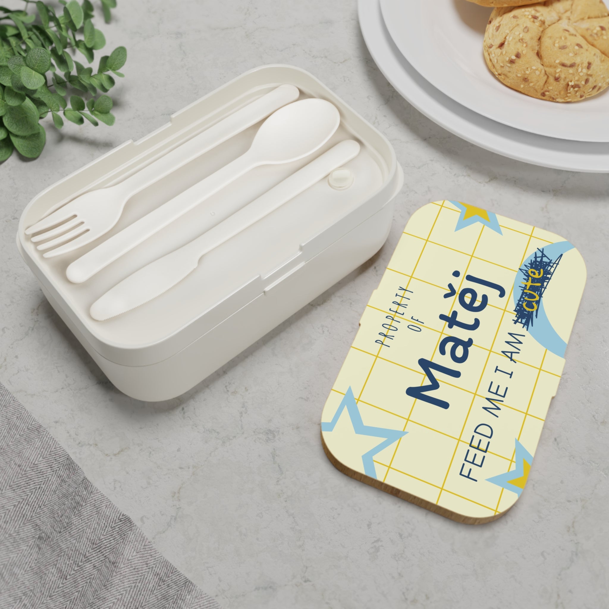 Personalized Bento Lunch Box — "Property of [Name] Feed Me I Am Hungry/Cute" Design