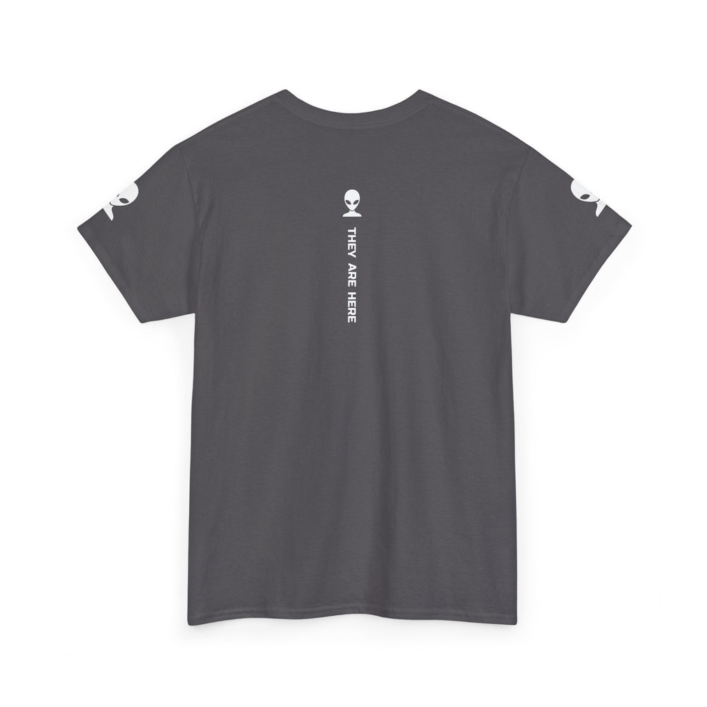 Alien Tee — Minimal "They Are Here" Vertical Graphic T-Shirt dark