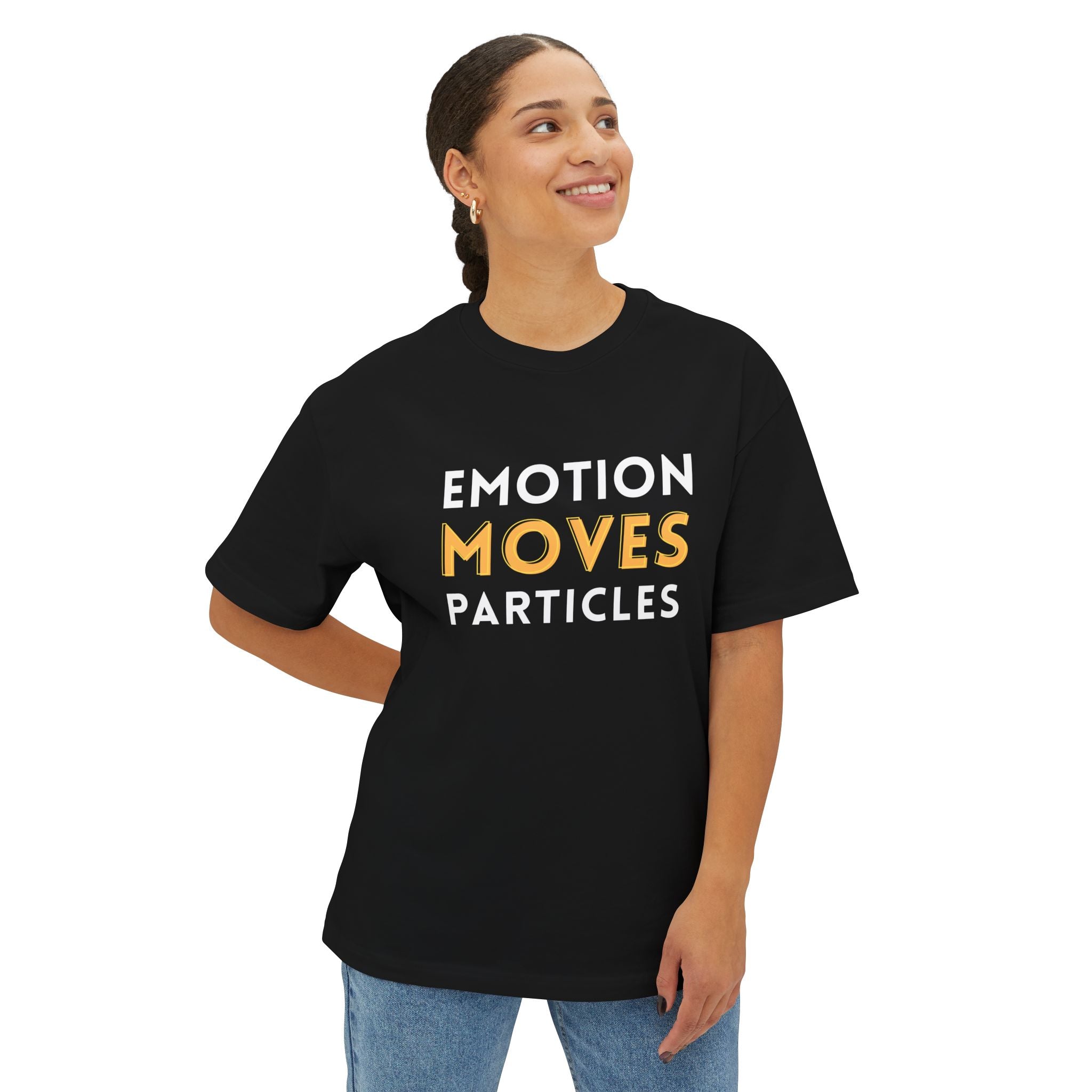 Emotion Moves Particles Dark Tee — Minimalist Motivational Graphic T-Shirt