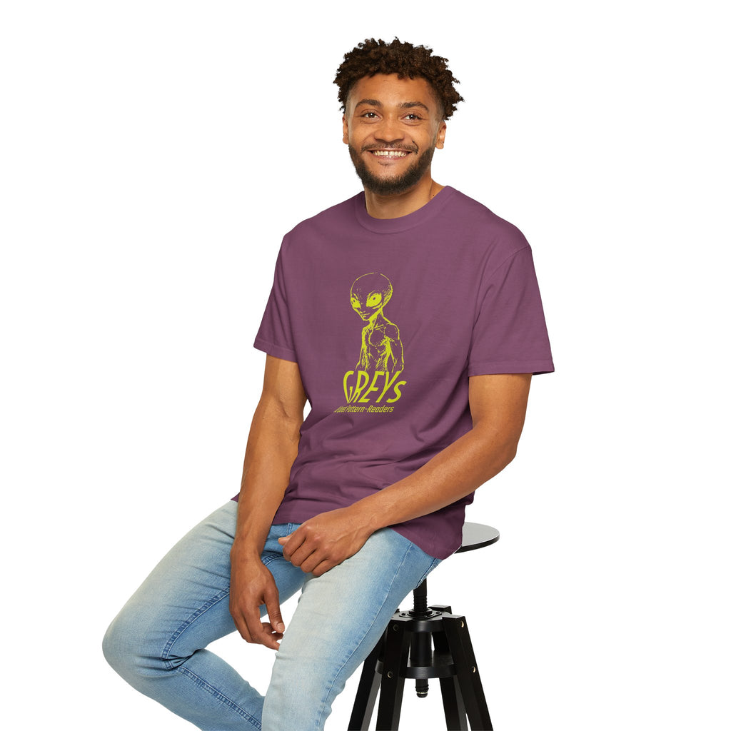 Alien Greys Graphic T-Shirt — "The Quiet Pattern Readers" Illustrated dark Tee