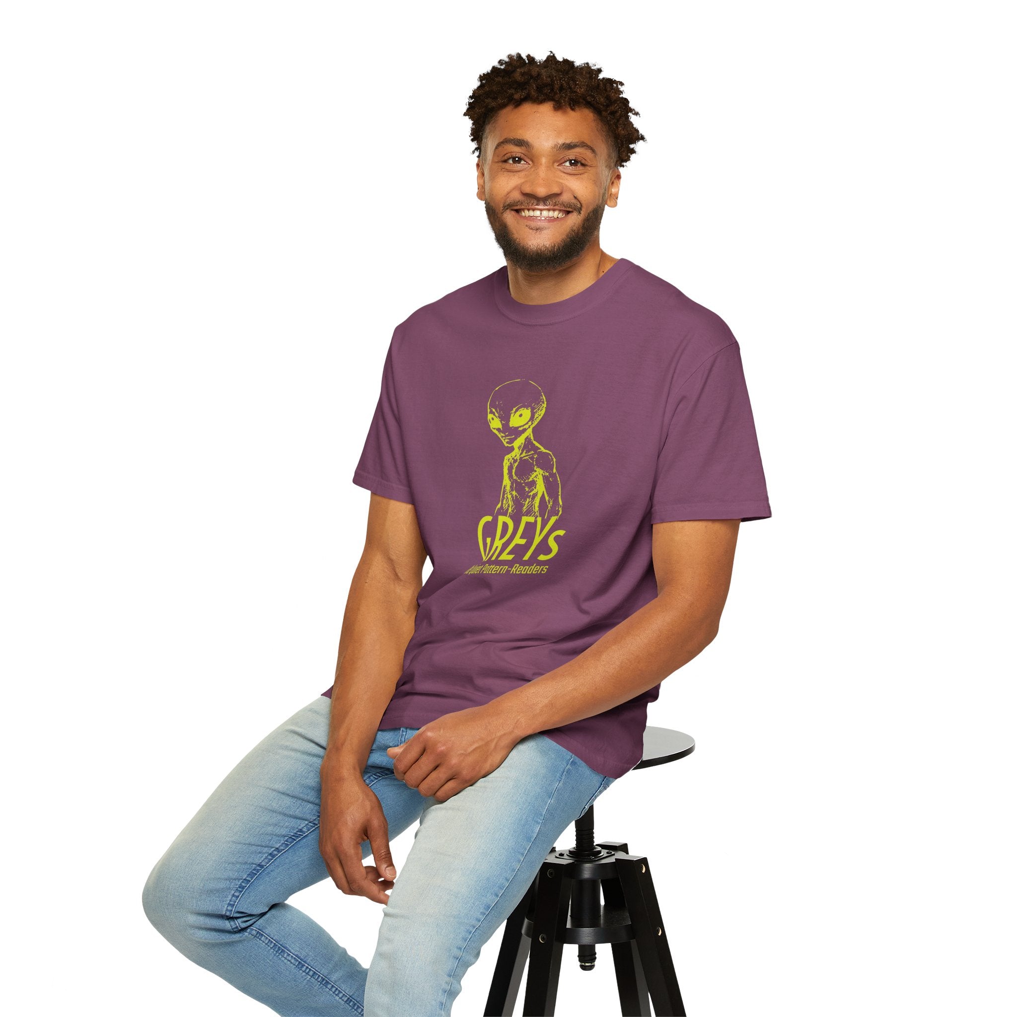 Alien Greys Graphic T-Shirt — "The Quiet Pattern Readers" Illustrated dark Tee