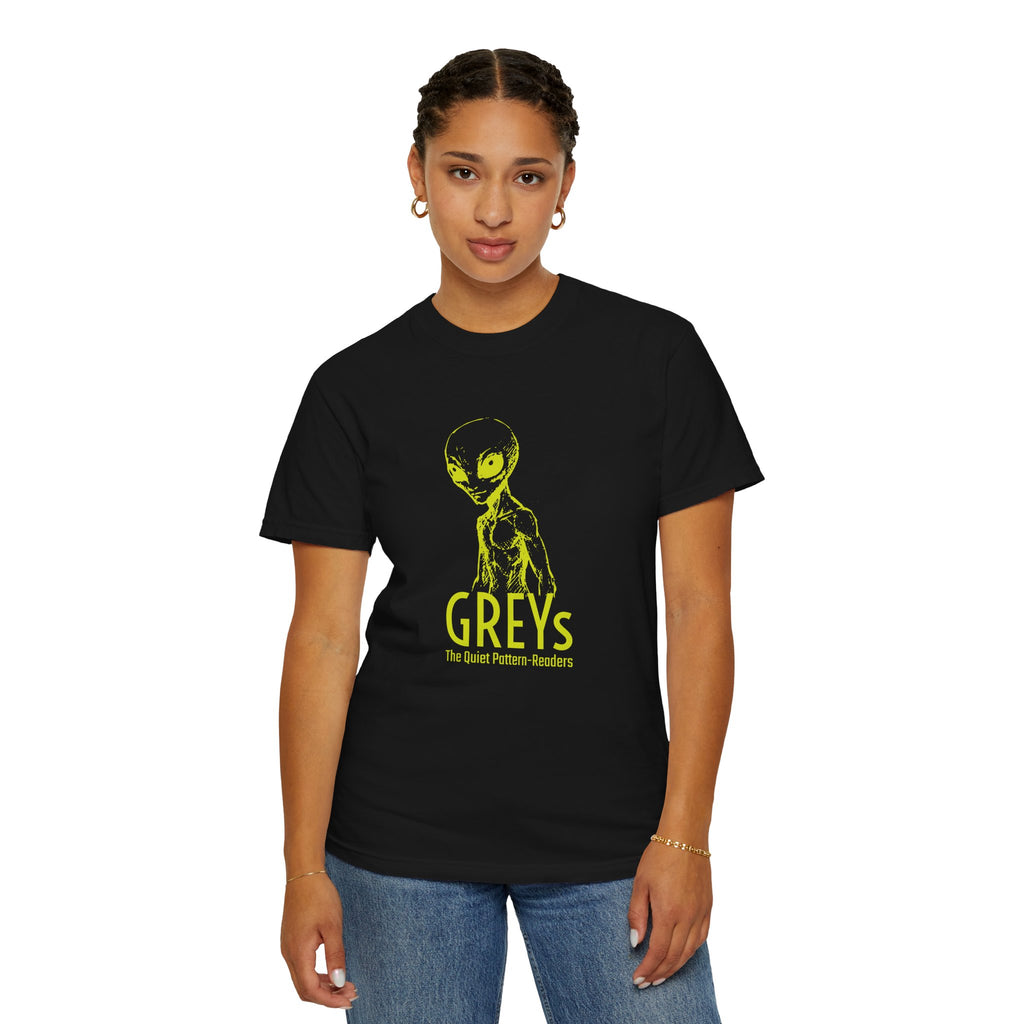 Alien Greys Graphic T-Shirt — "The Quiet Pattern Readers" Illustrated dark Tee