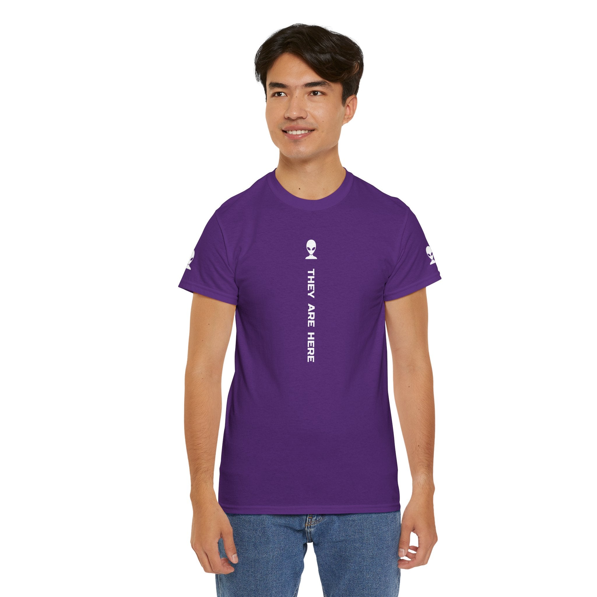 Alien Tee — Minimal "They Are Here" Vertical Graphic T-Shirt dark