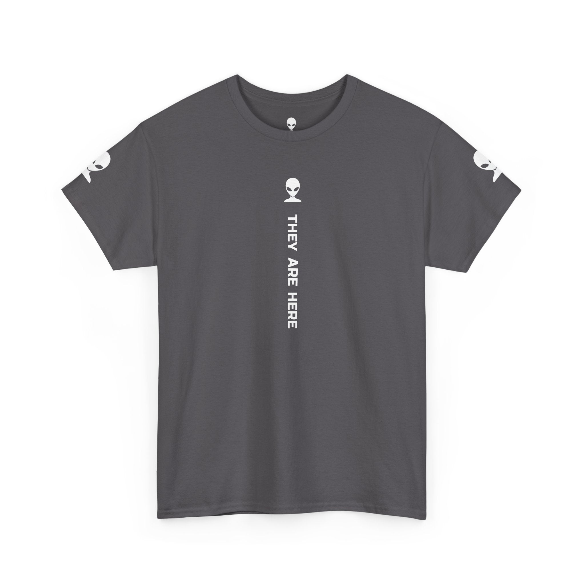 Alien Tee — Minimal "They Are Here" Vertical Graphic T-Shirt dark