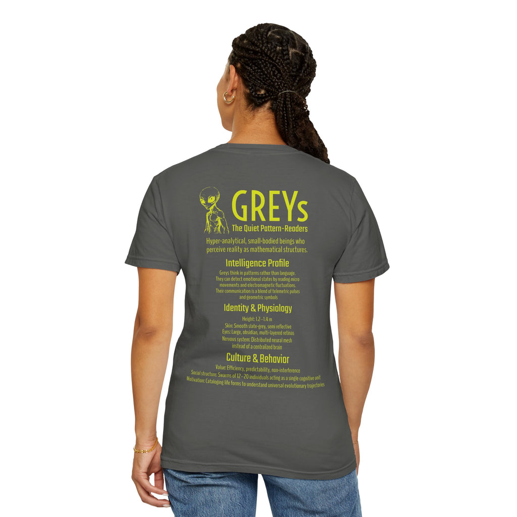Alien Greys Graphic T-Shirt — "The Quiet Pattern Readers" Illustrated dark Tee