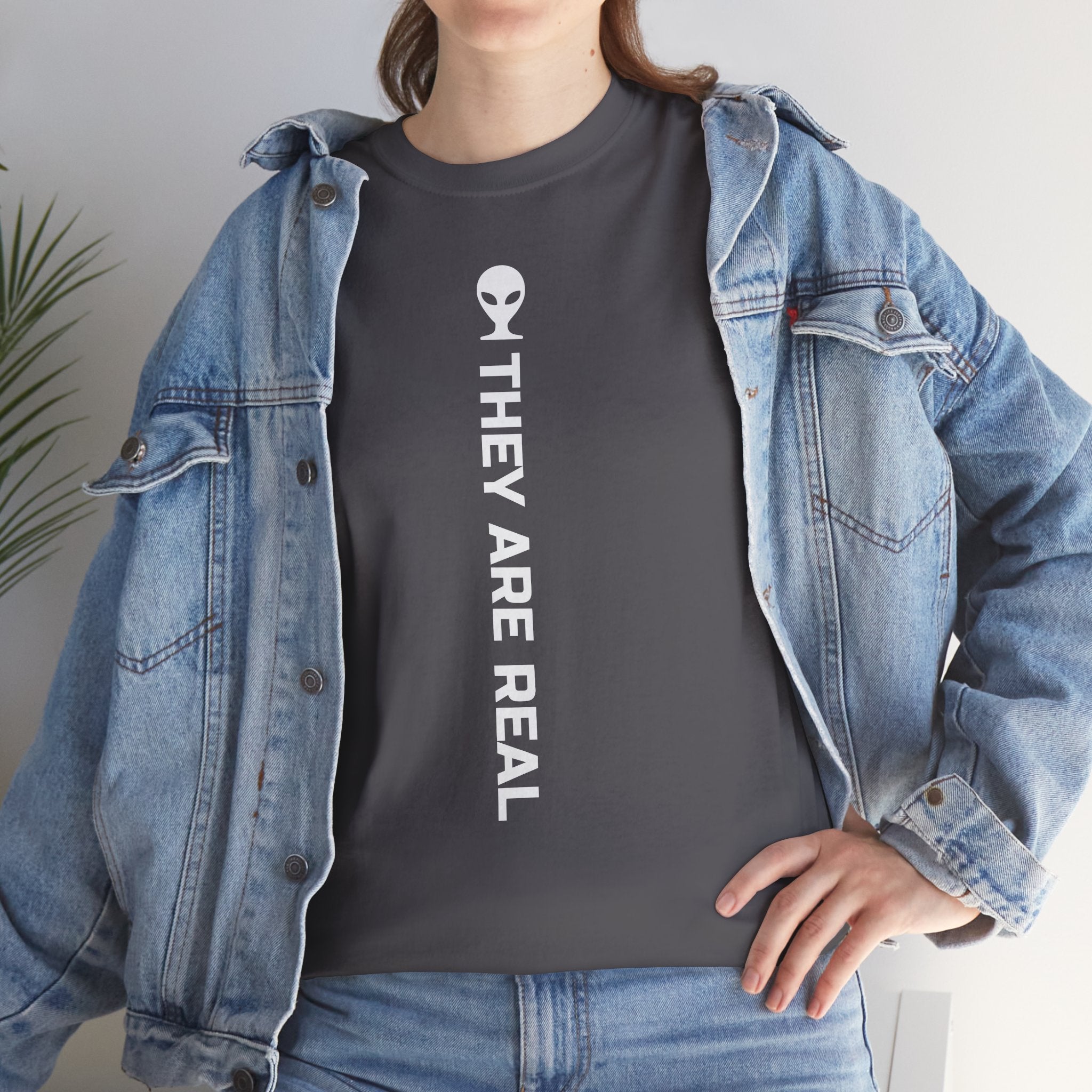 Alien Tee — Minimal "They Are Real" Vertical Graphic T-Shirt dark