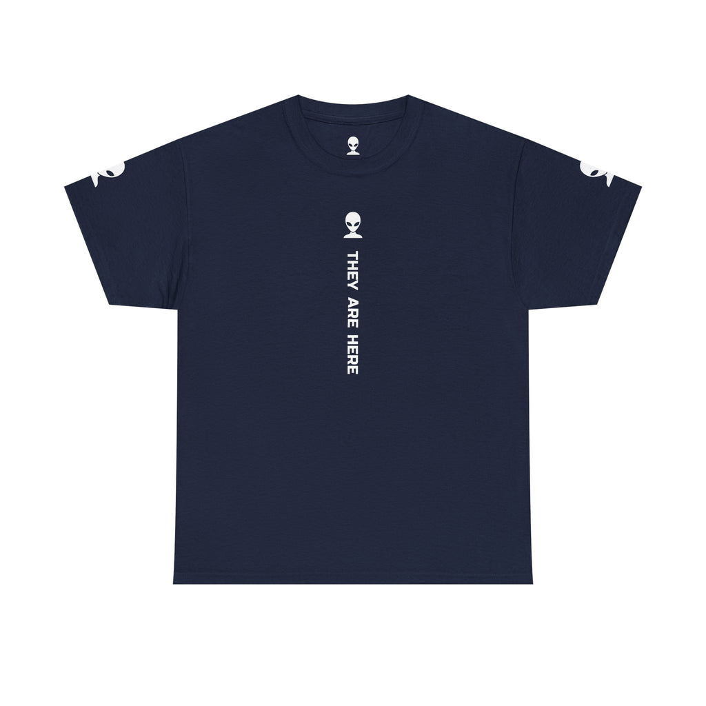 Alien Tee — Minimal "They Are Here" Vertical Graphic T-Shirt dark
