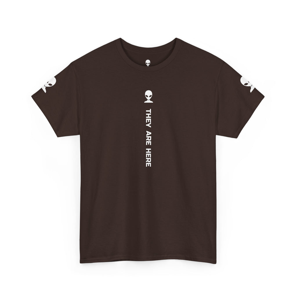 Alien Tee — Minimal "They Are Here" Vertical Graphic T-Shirt dark