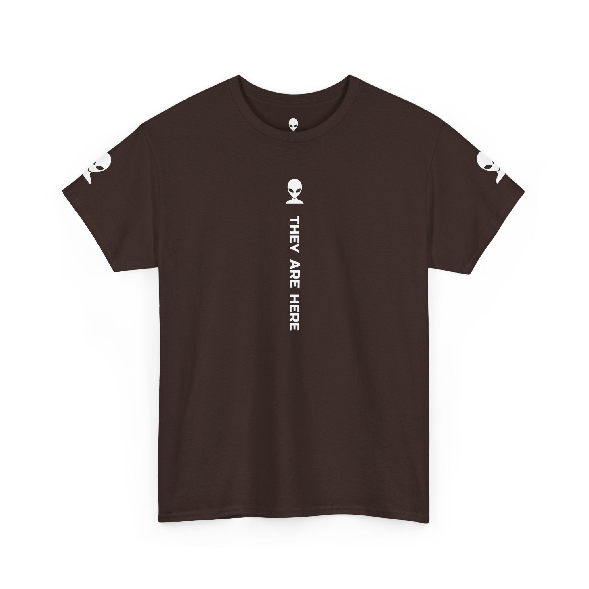 Alien Tee — Minimal "They Are Here" Vertical Graphic T-Shirt dark