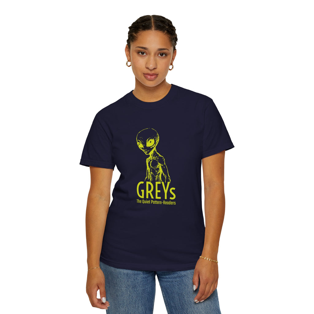 Alien Greys Graphic T-Shirt — "The Quiet Pattern Readers" Illustrated dark Tee
