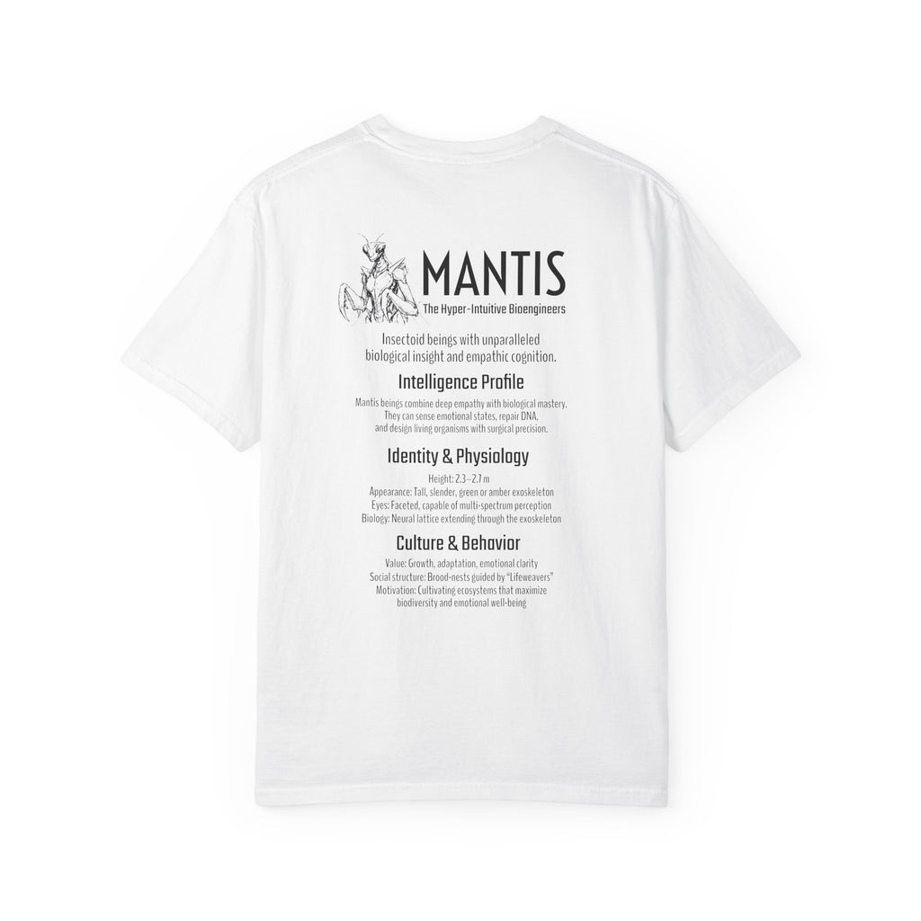 Alien Mantis Graphic T-Shirt — "The Hyper-Intuitive Bioengineers" Illustrated Tee