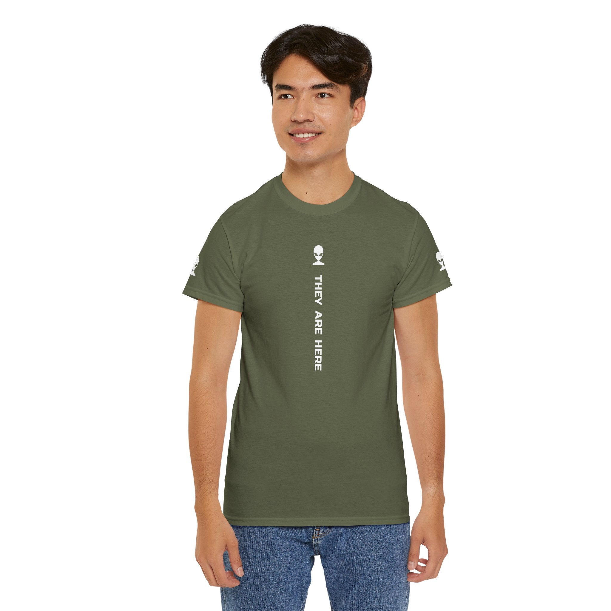 Alien Tee — Minimal "They Are Here" Vertical Graphic T-Shirt dark