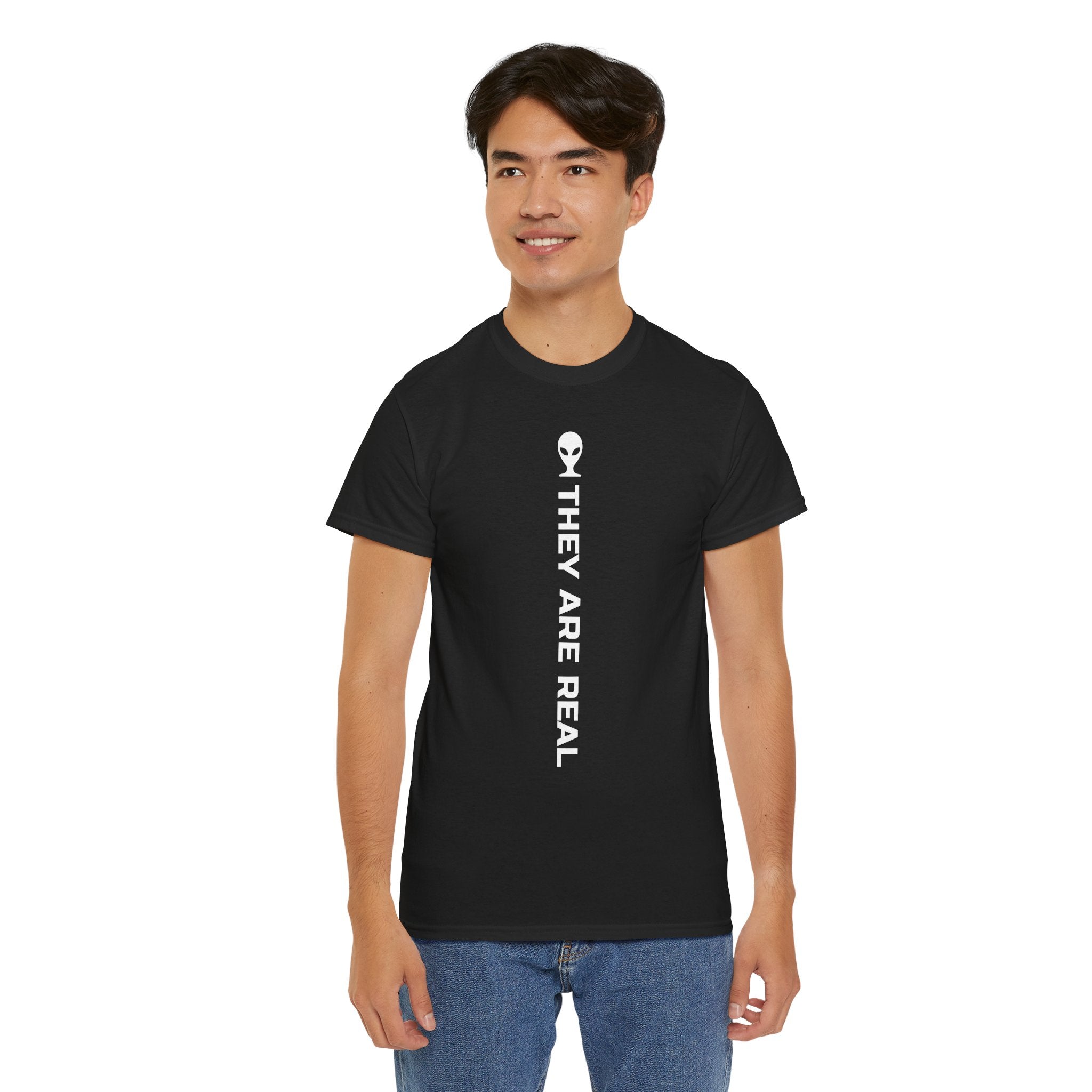 Alien Tee — Minimal "They Are Real" Vertical Graphic T-Shirt dark