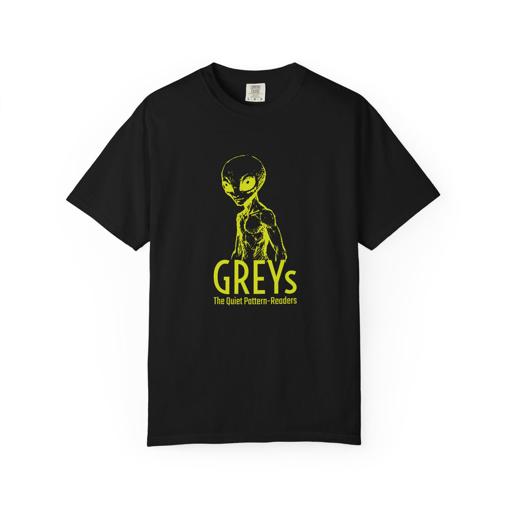 Alien Greys Graphic T-Shirt — "The Quiet Pattern Readers" Illustrated dark Tee