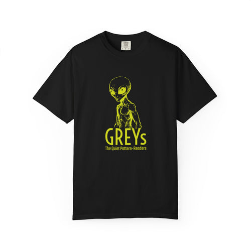 Alien Greys Graphic T-Shirt — "The Quiet Pattern Readers" Illustrated dark Tee
