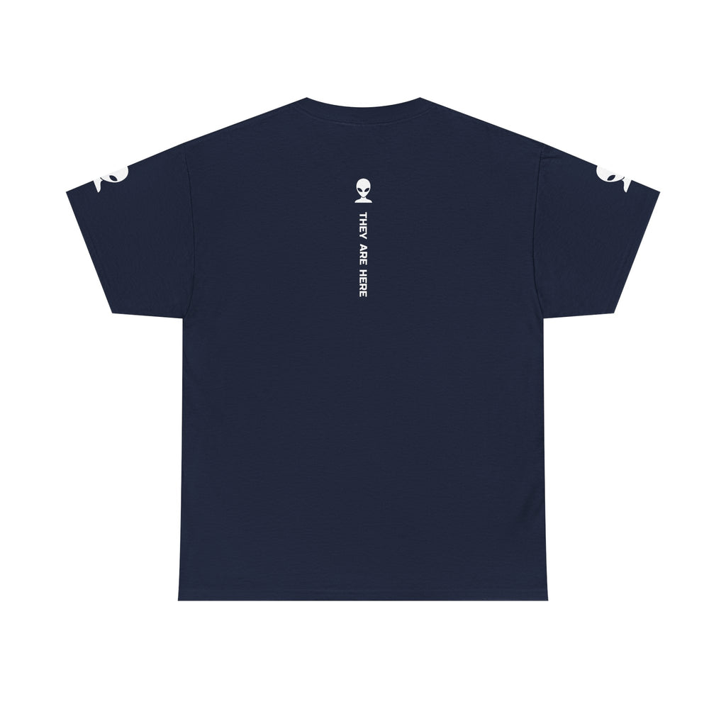 Alien Tee — Minimal "They Are Here" Vertical Graphic T-Shirt dark