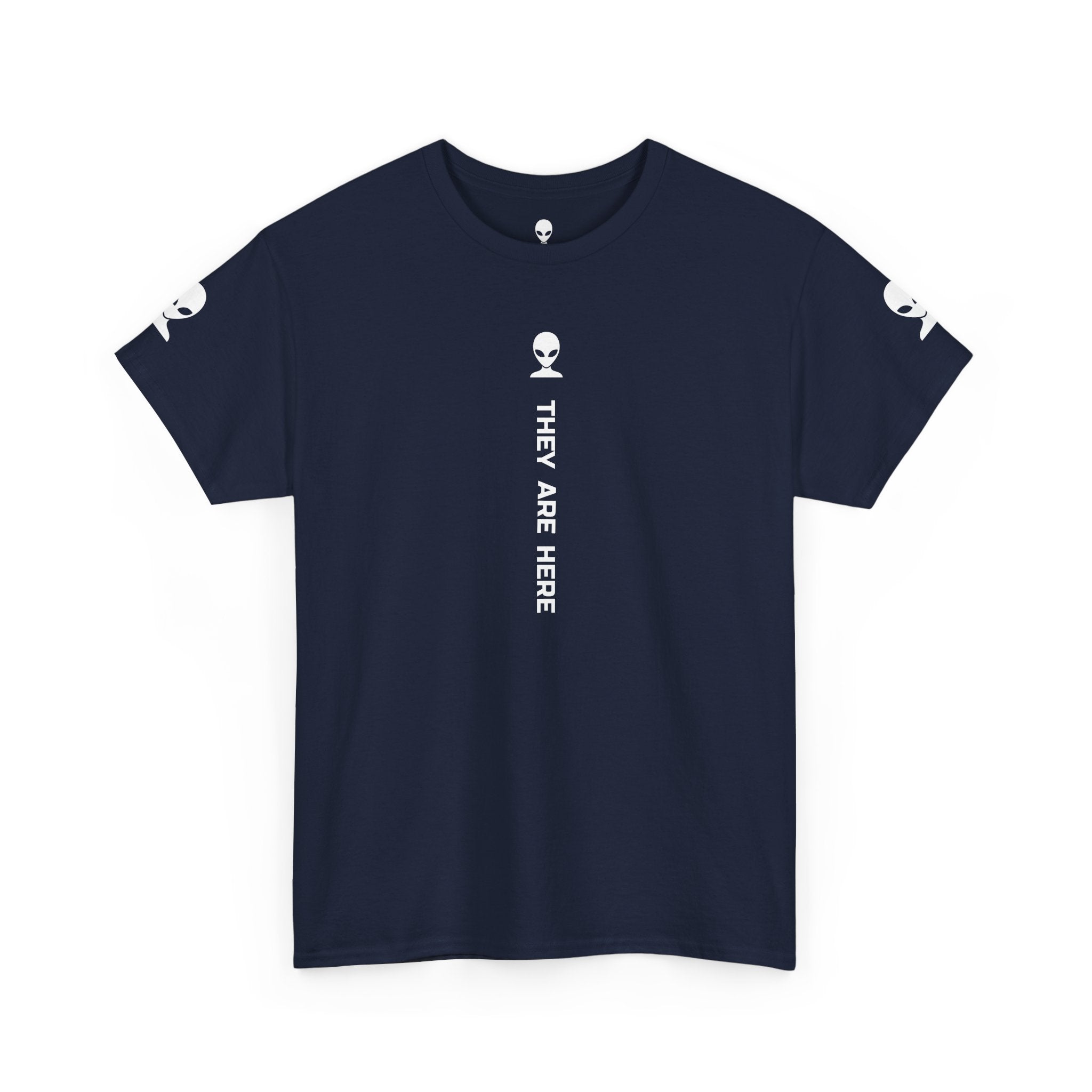 Alien Tee — Minimal "They Are Here" Vertical Graphic T-Shirt dark