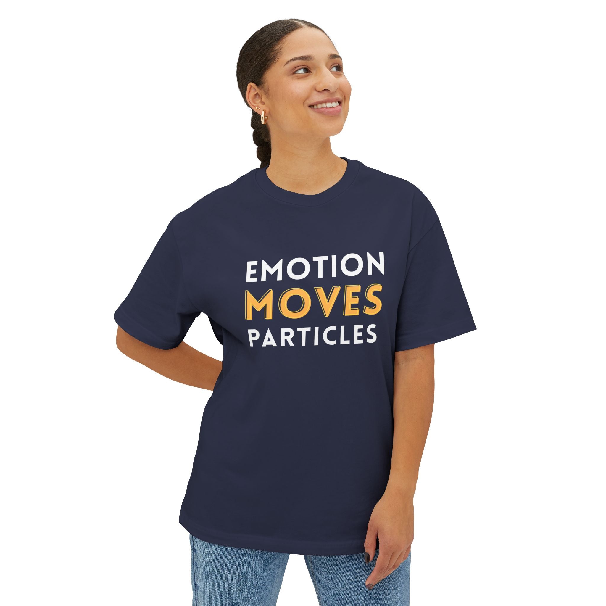 Emotion Moves Particles Dark Tee — Minimalist Motivational Graphic T-Shirt